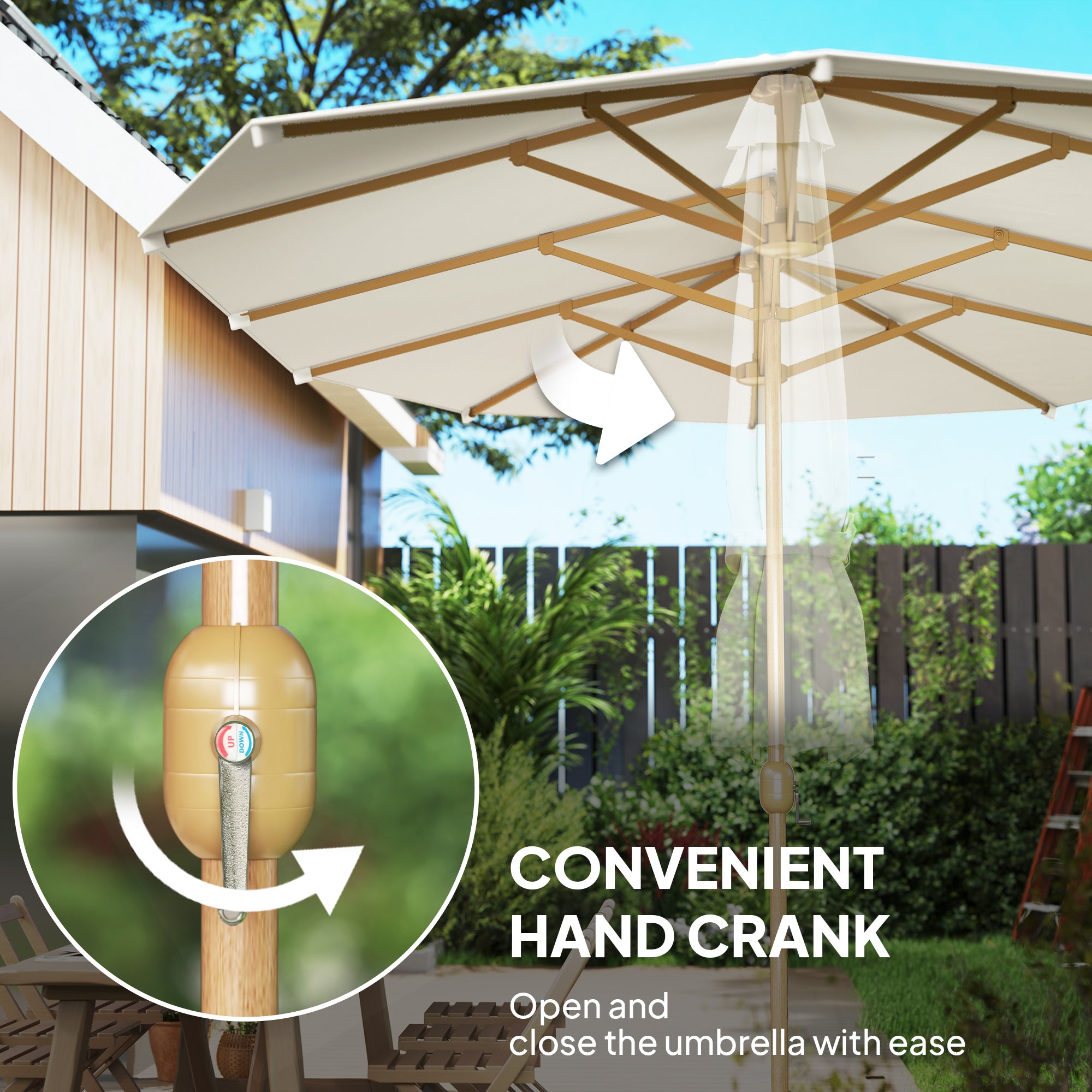 Double Garden Parasol 179.1"W x 104.3"D with Crank, 12 Steel Ribs & 180g/ãŽ¡ Polyester, UV30+ Protection, Beige