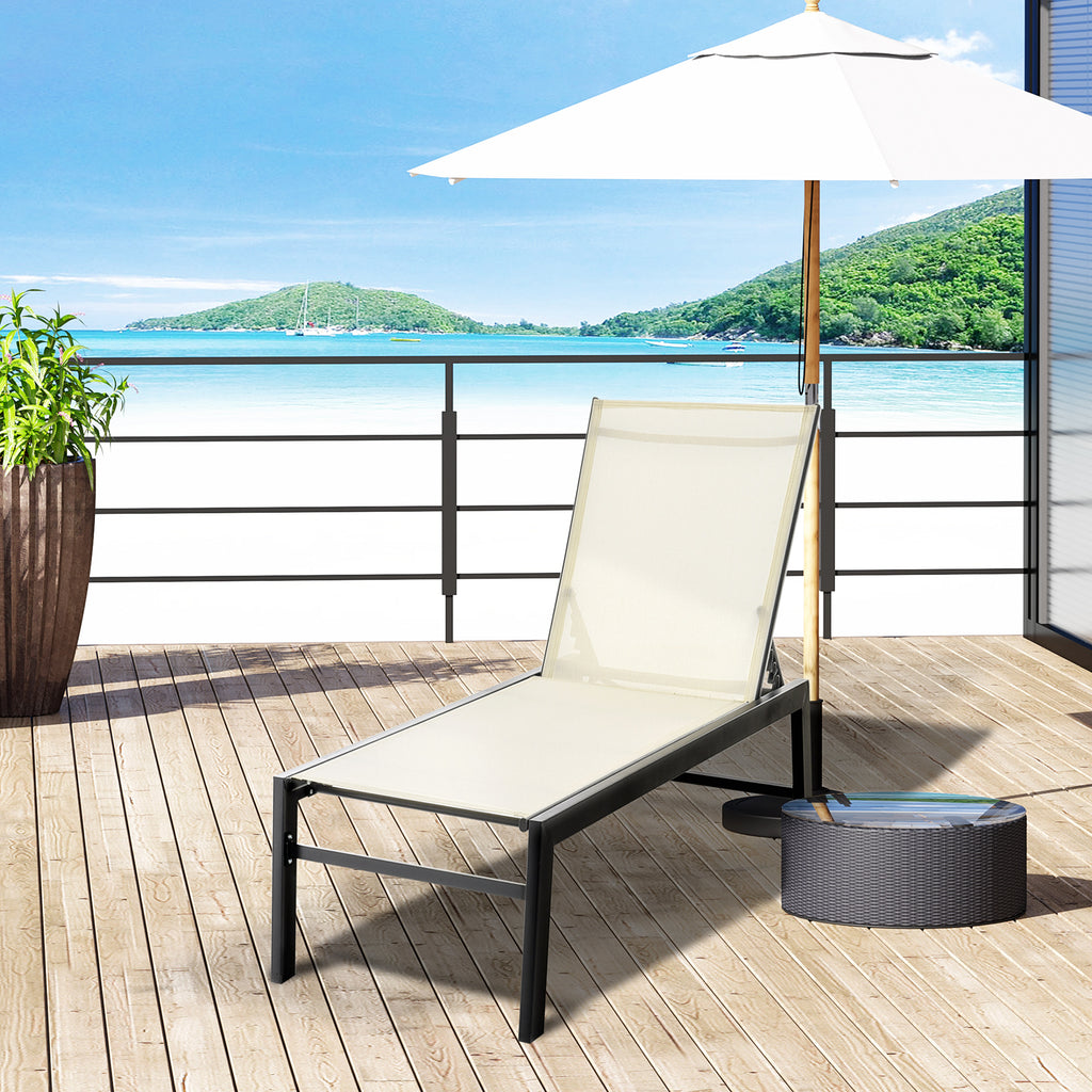 Outdoor Lounge Chair, Patio Lounger with 5-Position Reclining Backrest and 2 Wheels for Poolside, Beach, Lawn, Cream White