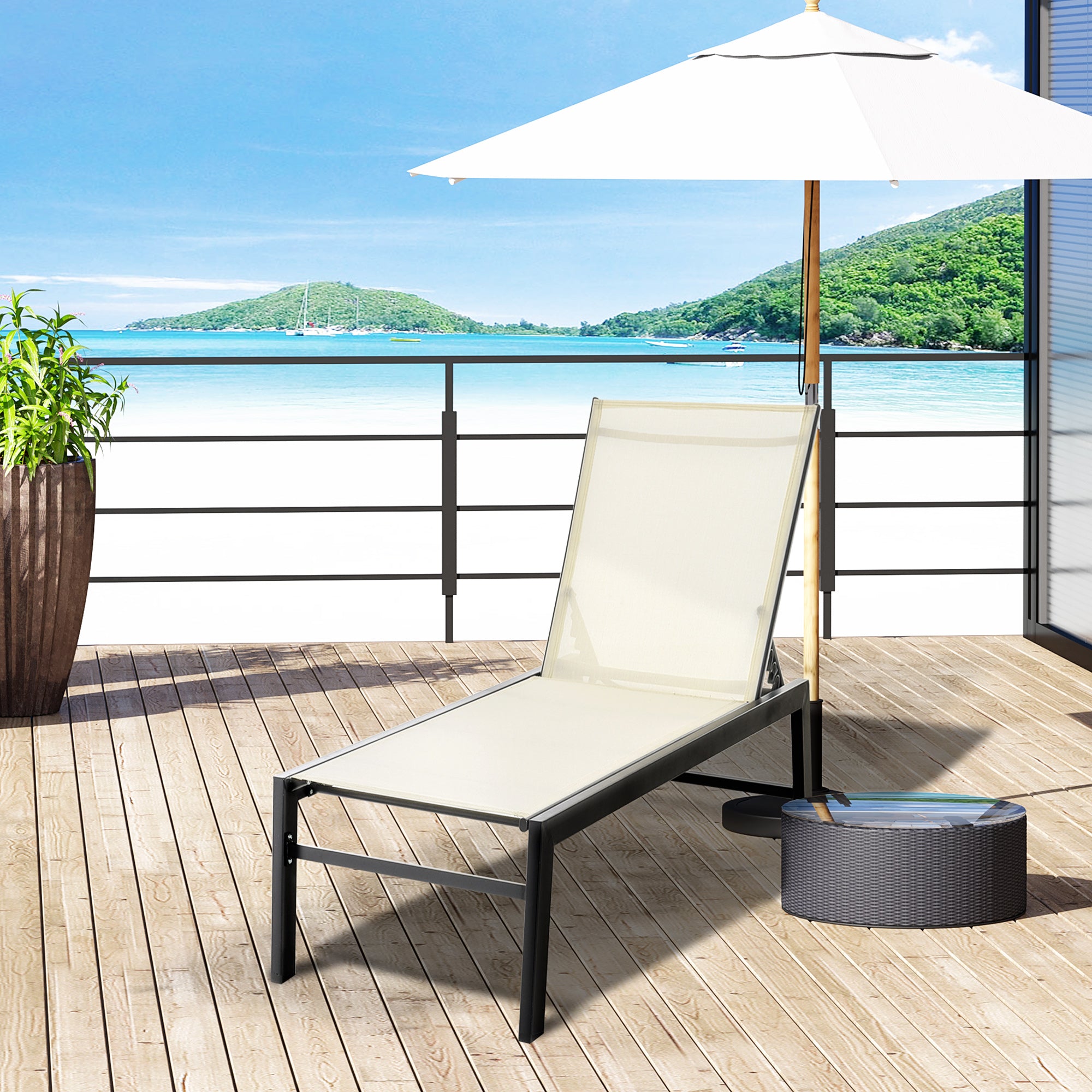 Outdoor Lounge Chair, Patio Lounger with 5-Position Reclining Backrest and 2 Wheels for Poolside, Beach, Lawn, Cream White