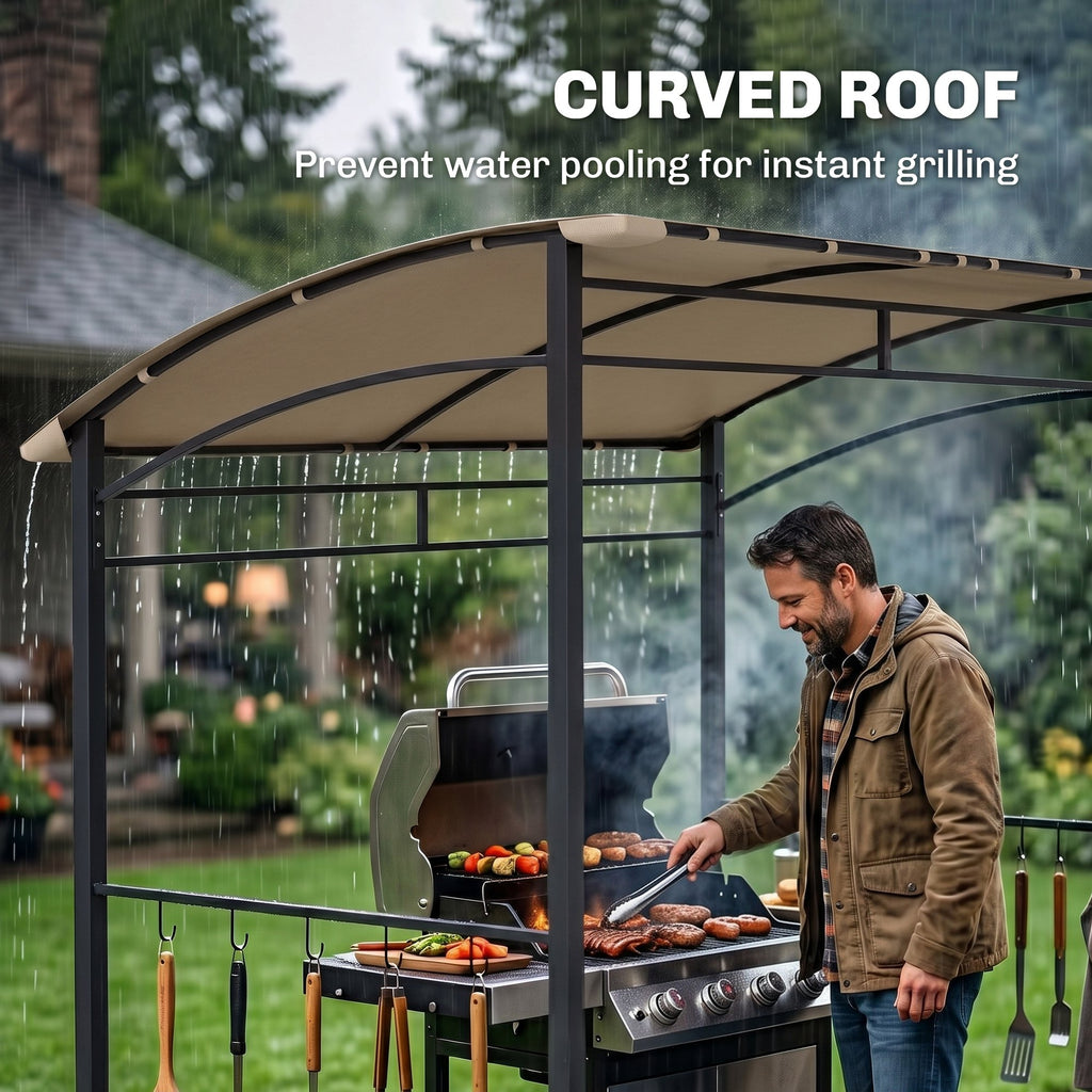 7' x 5' BBQ Grill Gazebo Tent, Garden Grill Canopy with Steel Frame and Hooks, Outdoor Sun Shade, Khaki