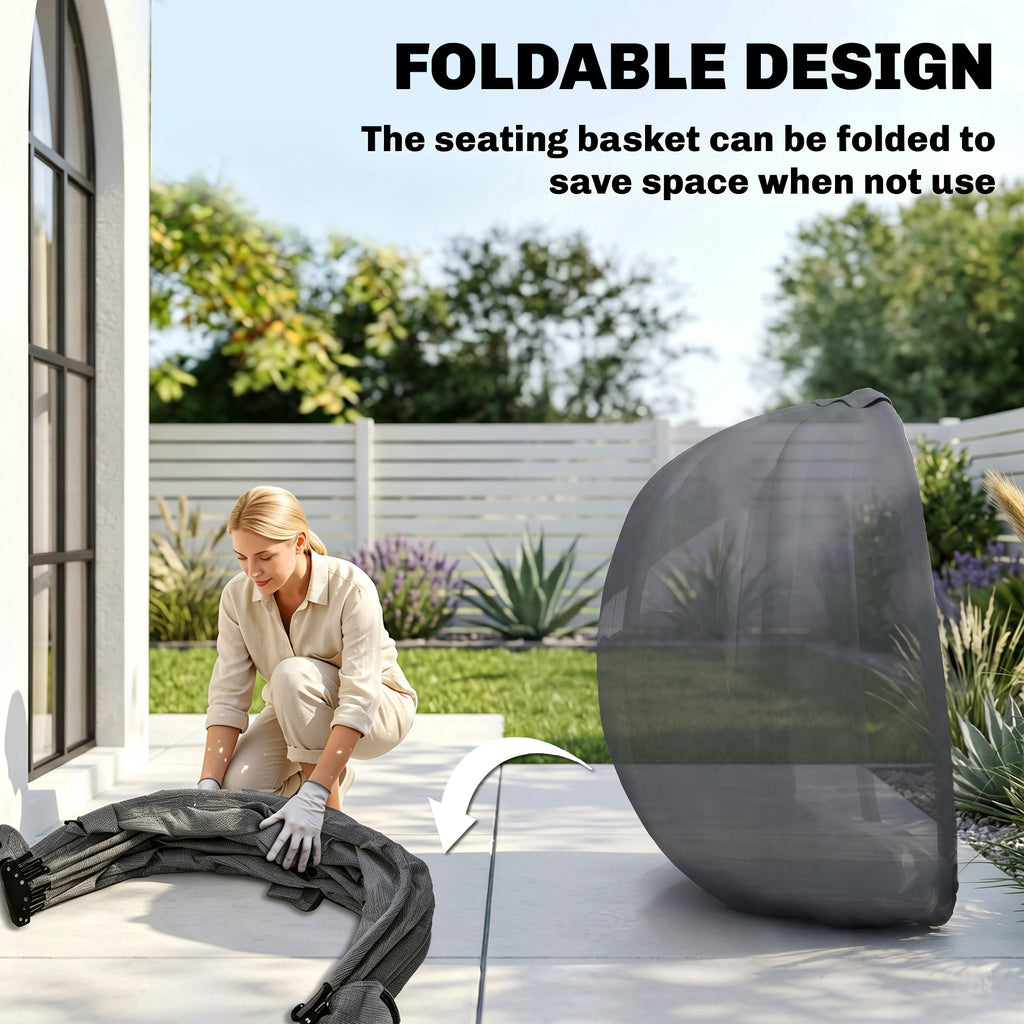 Hanging Egg Chair, Outdoor Indoor Swing Chair with Stand, Folding Basket and Thickened Cushion, Grey