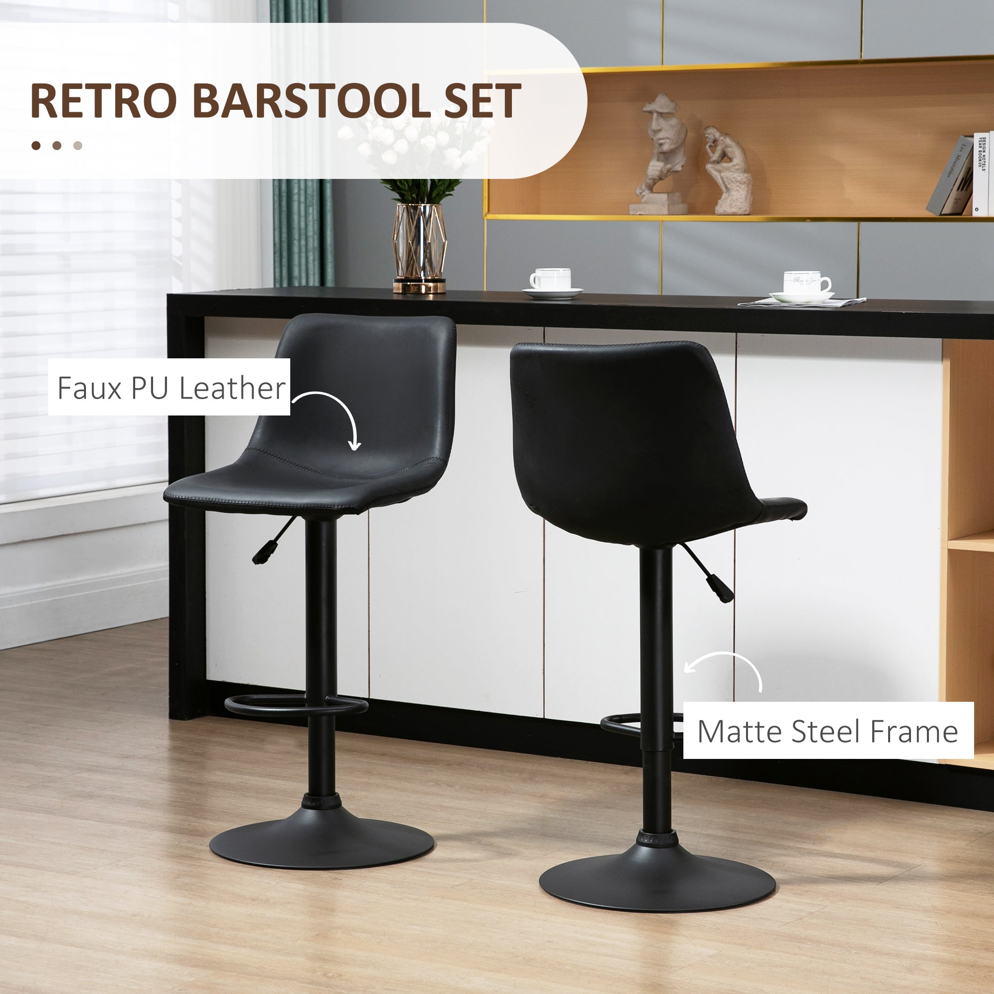 Adjustable Counter Height Bar Stools Set of 2, 360Â° Swivel Kitchen Counter Stools Dining Chairs with Backs, Vintage Leather, Retro Grey