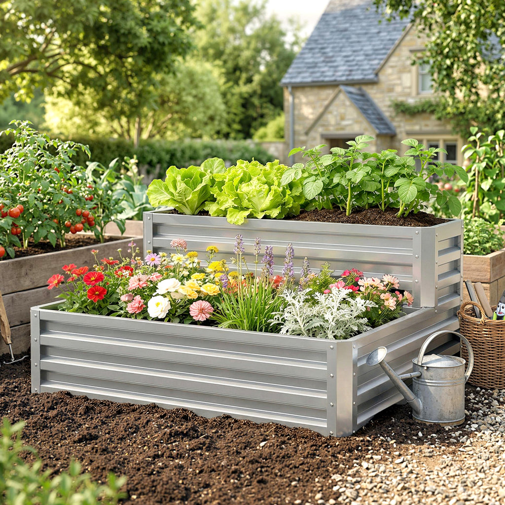 2 Tier Galvanized Raised Garden Bed, Steel Planter Box for Vegetables, Flowers, Herbs, 47" x 40" x 23", Silver