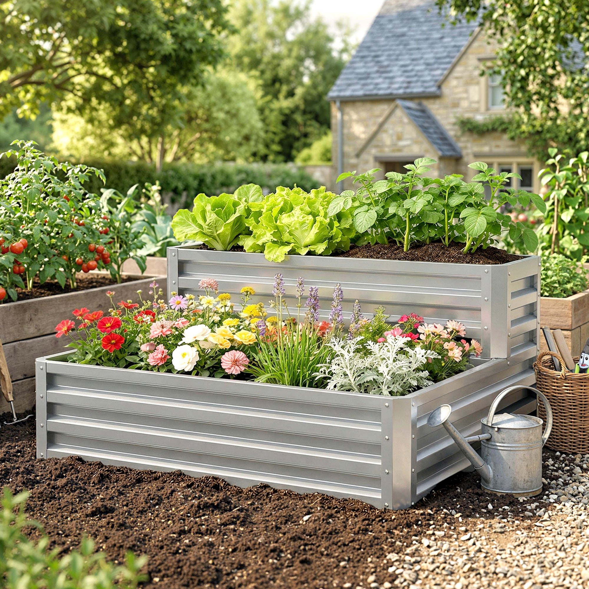 2 Tier Galvanized Raised Garden Bed, Steel Planter Box for Vegetables, Flowers, Herbs, 47" x 40" x 23", Silver