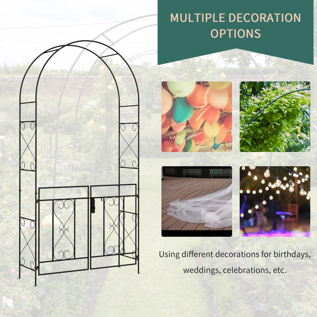7.6FT Metal Garden Arch with Gate, Garden Arbor Trellis for Climbing Plants, Roses, Vines, Wedding Arch, Black