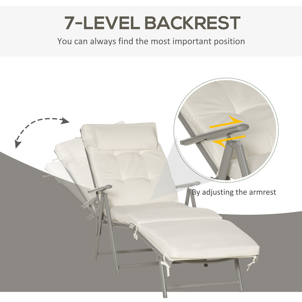 Lounge Chair Outdoor, Folding Patio Chaise Lounger, 360 lbs 7-Position Adjustable Back Outdoor Recliner with Cushion, Headrest for Garden, Backyard, Poolside, Cream White