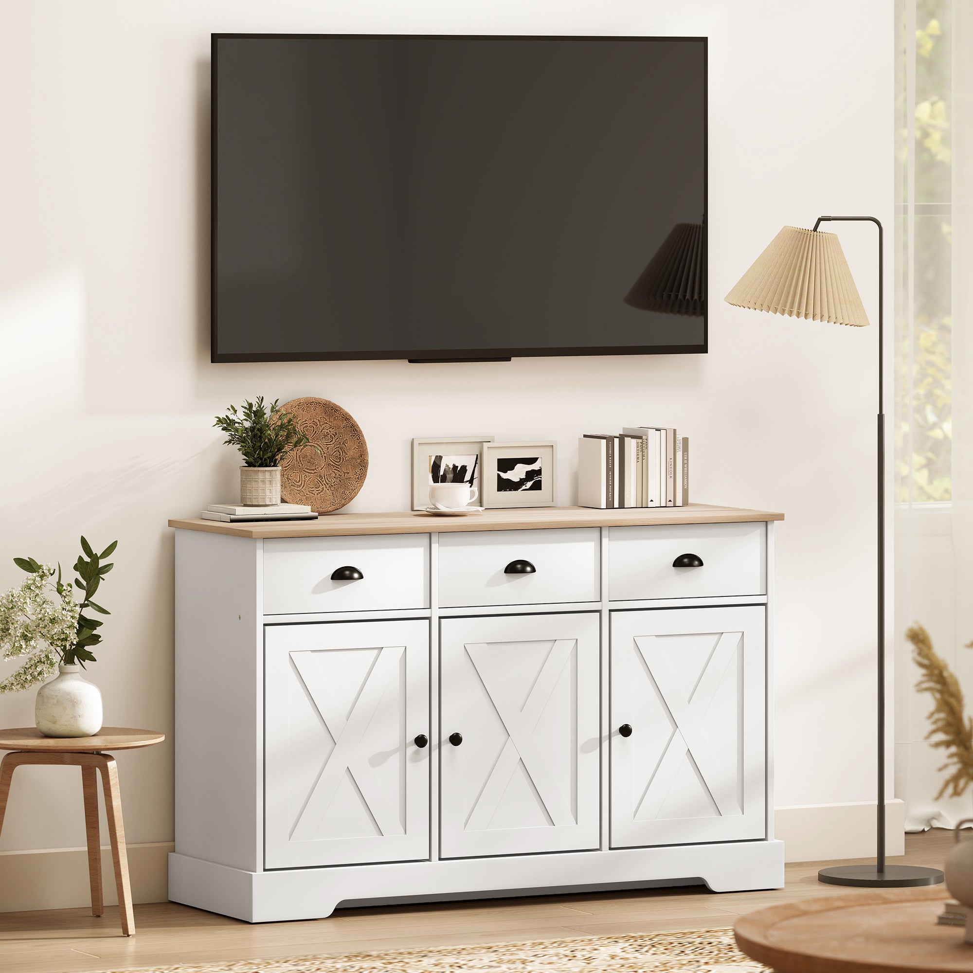 46.5" Buffet Cabinet, Farmhouse Sideboard with 3 Barn Doors and 3 Drawers for Living Room, Kitchen, White