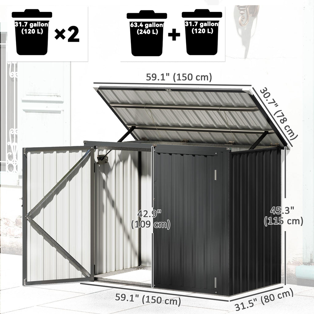 Outdoor Storage Shed Lockable Galvanized Steel Garbage Bin Shed Lift-up Lid for 2 Trash Cans