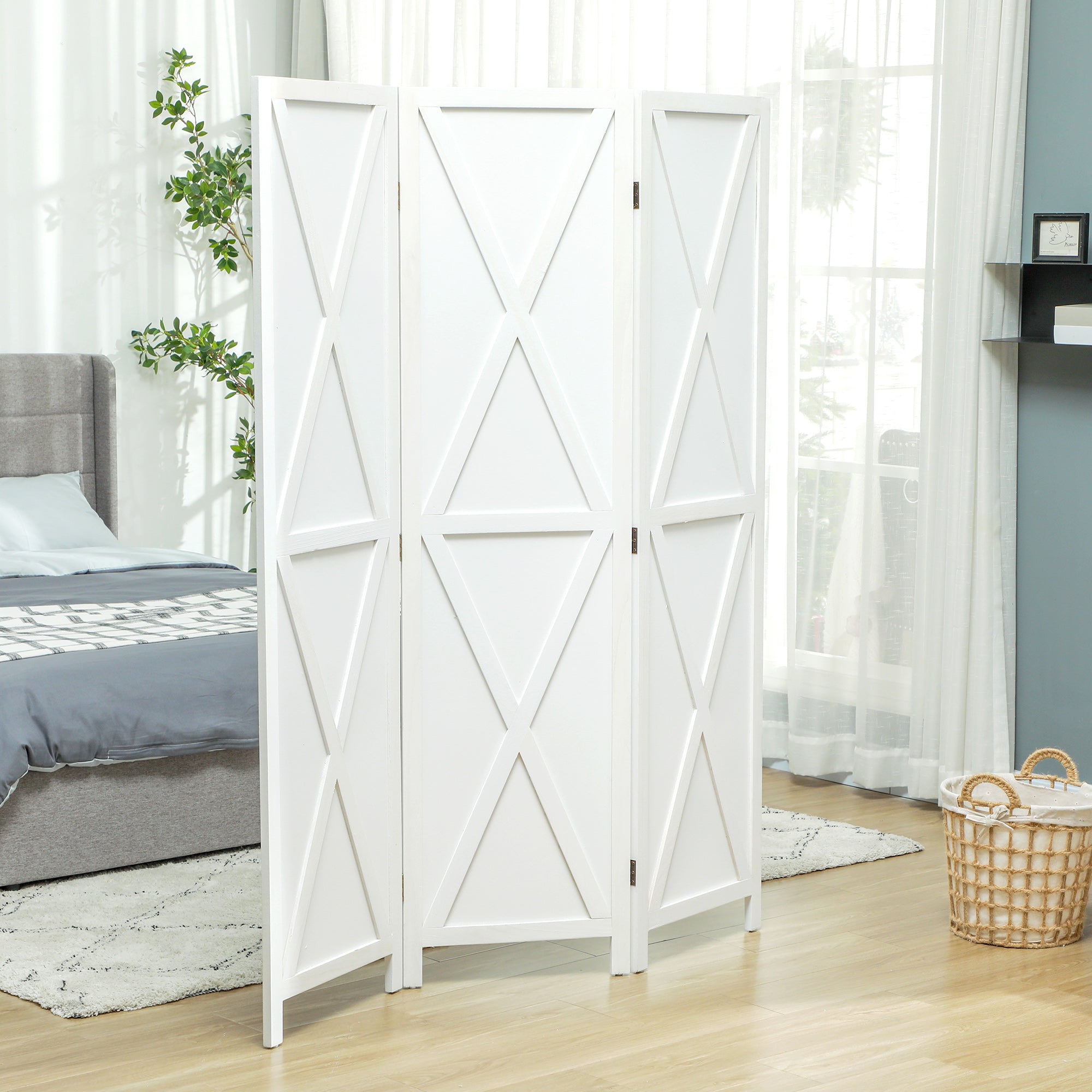 3-panel Wall Partition Farmhouse Room Separator with Foldable Design Wooden Frame 5.6FT, White