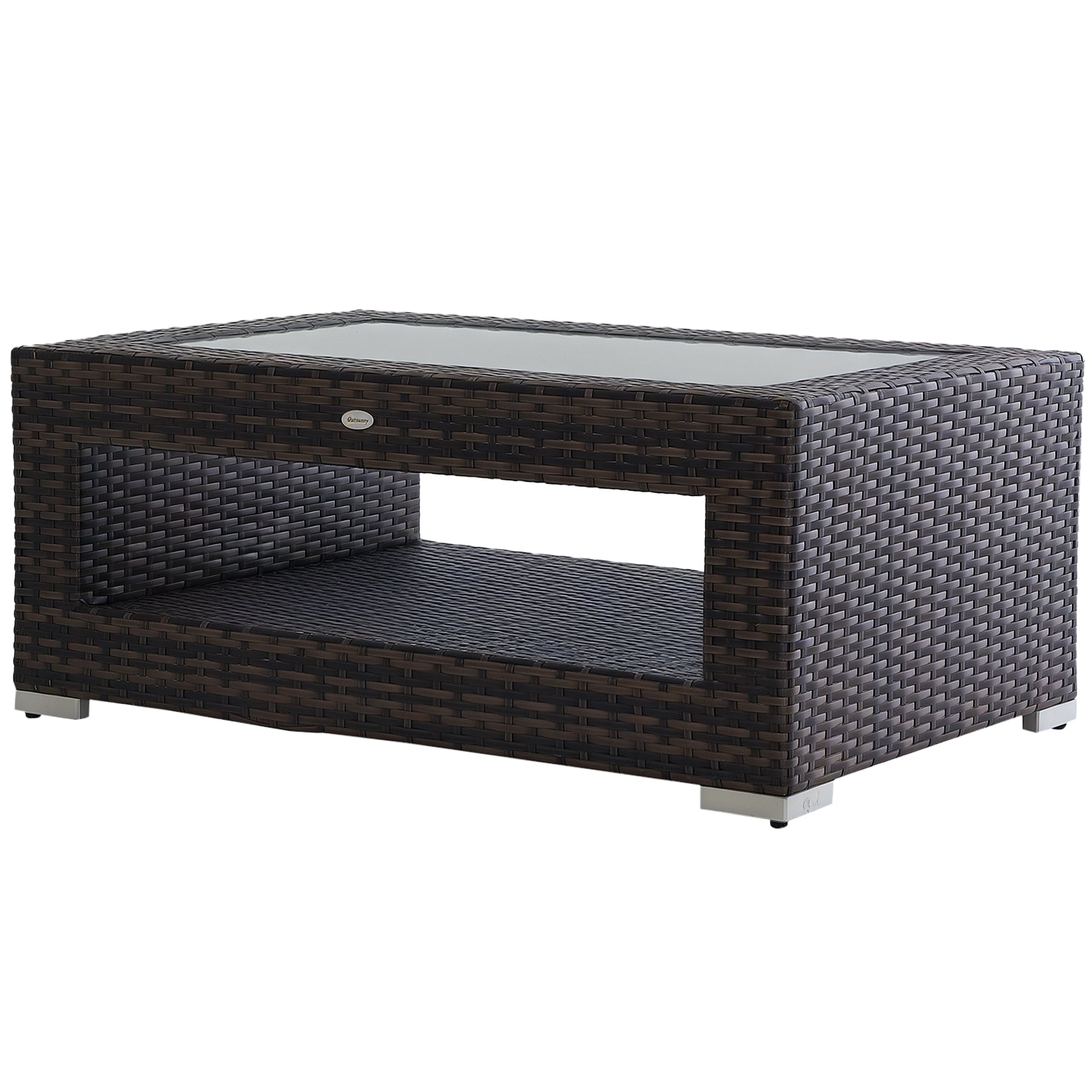 2-Tier Rattan Patio Coffee Table Wicker Patio Tea End Desk with Tempered Glass Top & Storage for Balcony, Backyard, Poolside