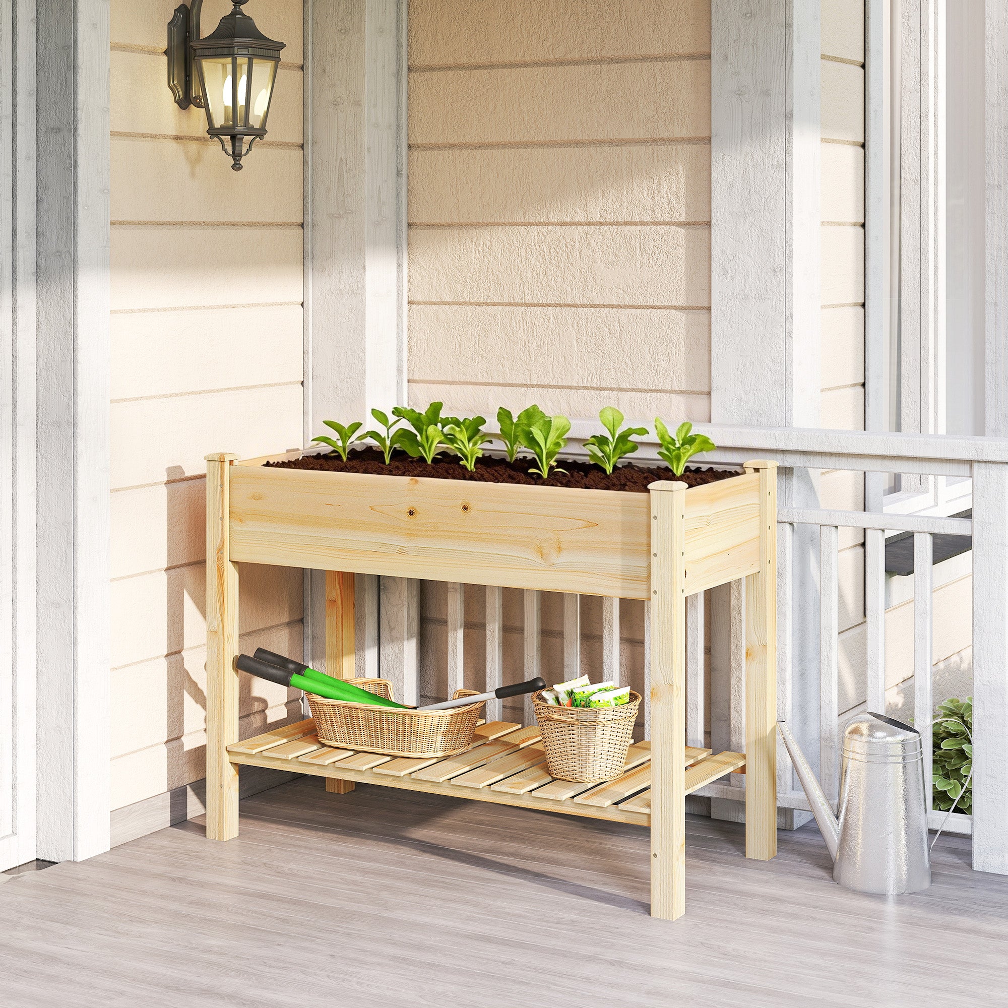Elevated Planter Box with Legs and Storage Shelf, Raised Garden Bed, Elevated Wooden Planter Box, Natural