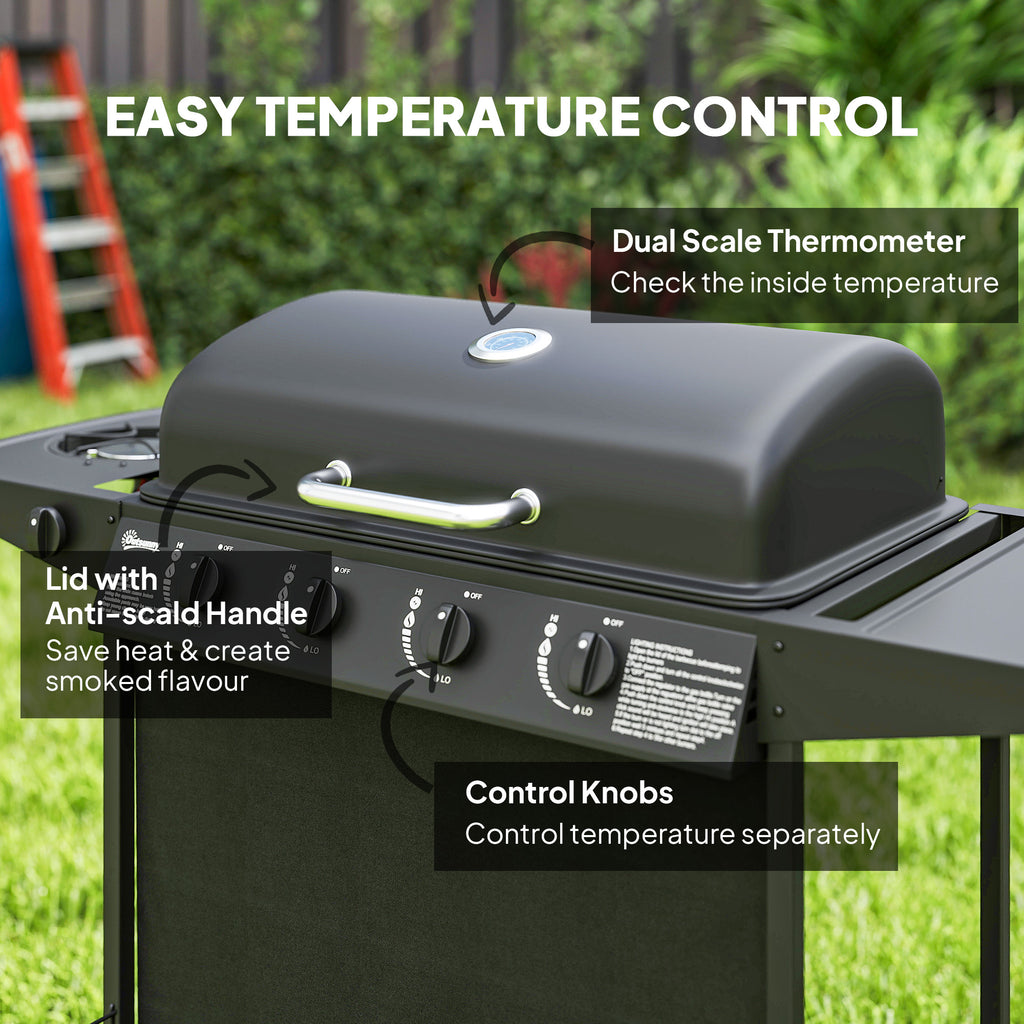 4+1 Burner Propane Gas BBQ Grill, Portable Gas Barbecue Grill with Side Burner, Thermometer, Lid, Side Table, Shelf, Spice Rack, Wheels, Grease Cup for Garden, Black