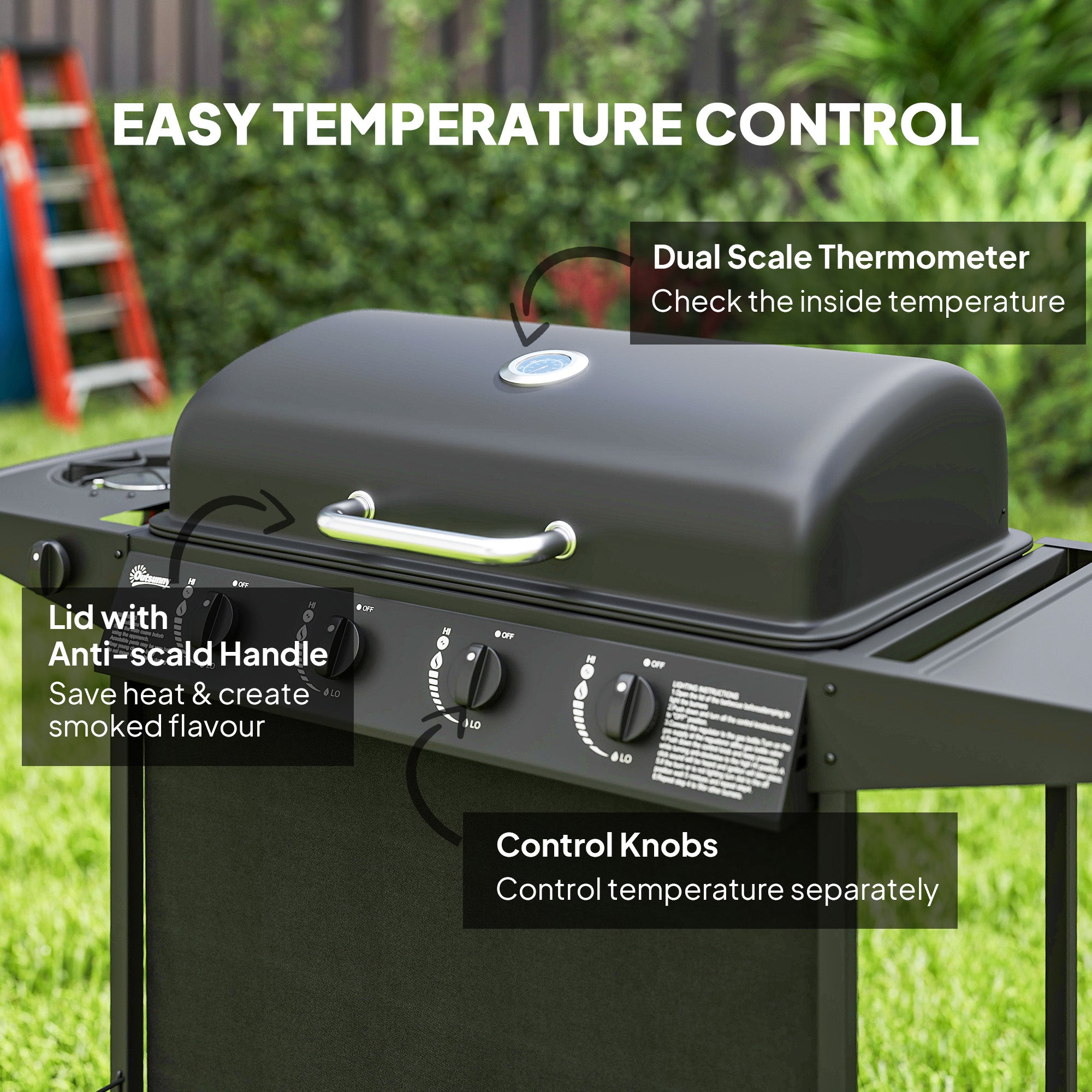 4+1 Burner Propane Gas BBQ Grill, Portable Gas Barbecue Grill with Side Burner, Thermometer, Lid, Side Table, Shelf, Spice Rack, Wheels, Grease Cup for Garden, Black