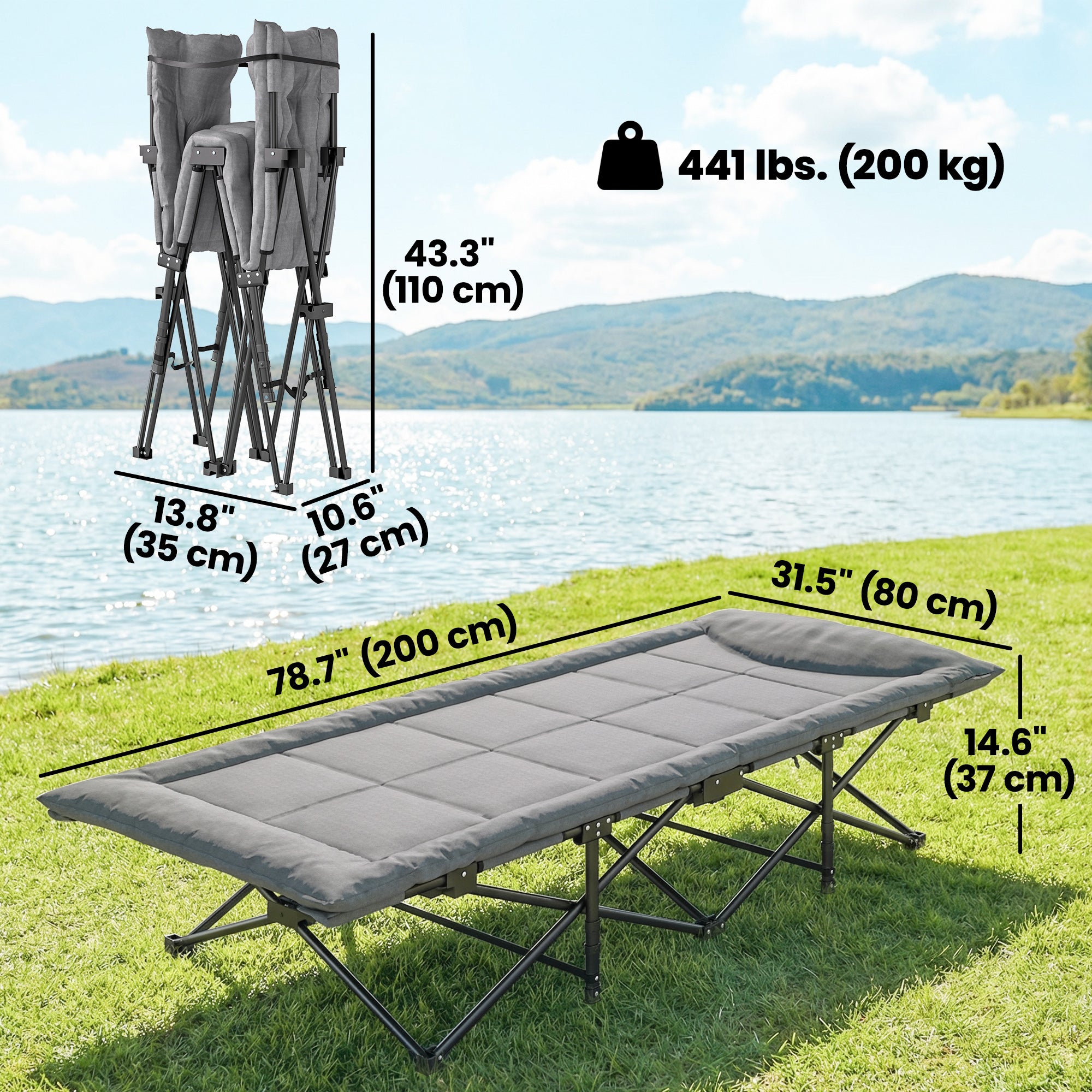 Camping Cot for Adults with Padded Cushion, 31.5" Wide Folding Bed with Carry Bag and Non-Slip Feet, Grey