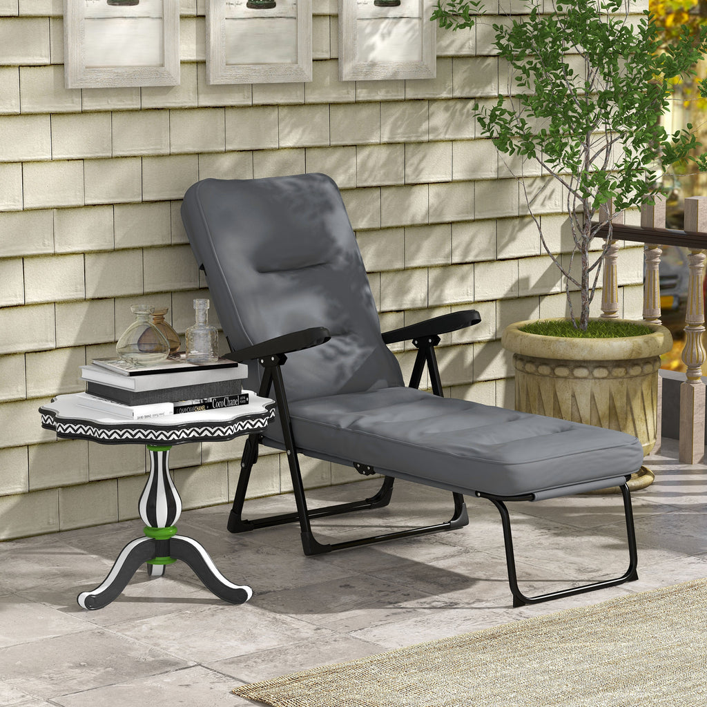 Outdoor Lounge Chair with Padded Cushion, Folding Reclining Patio Garden Chair with Recline Back, Footrest, for Poolside, Patio, Light Grey