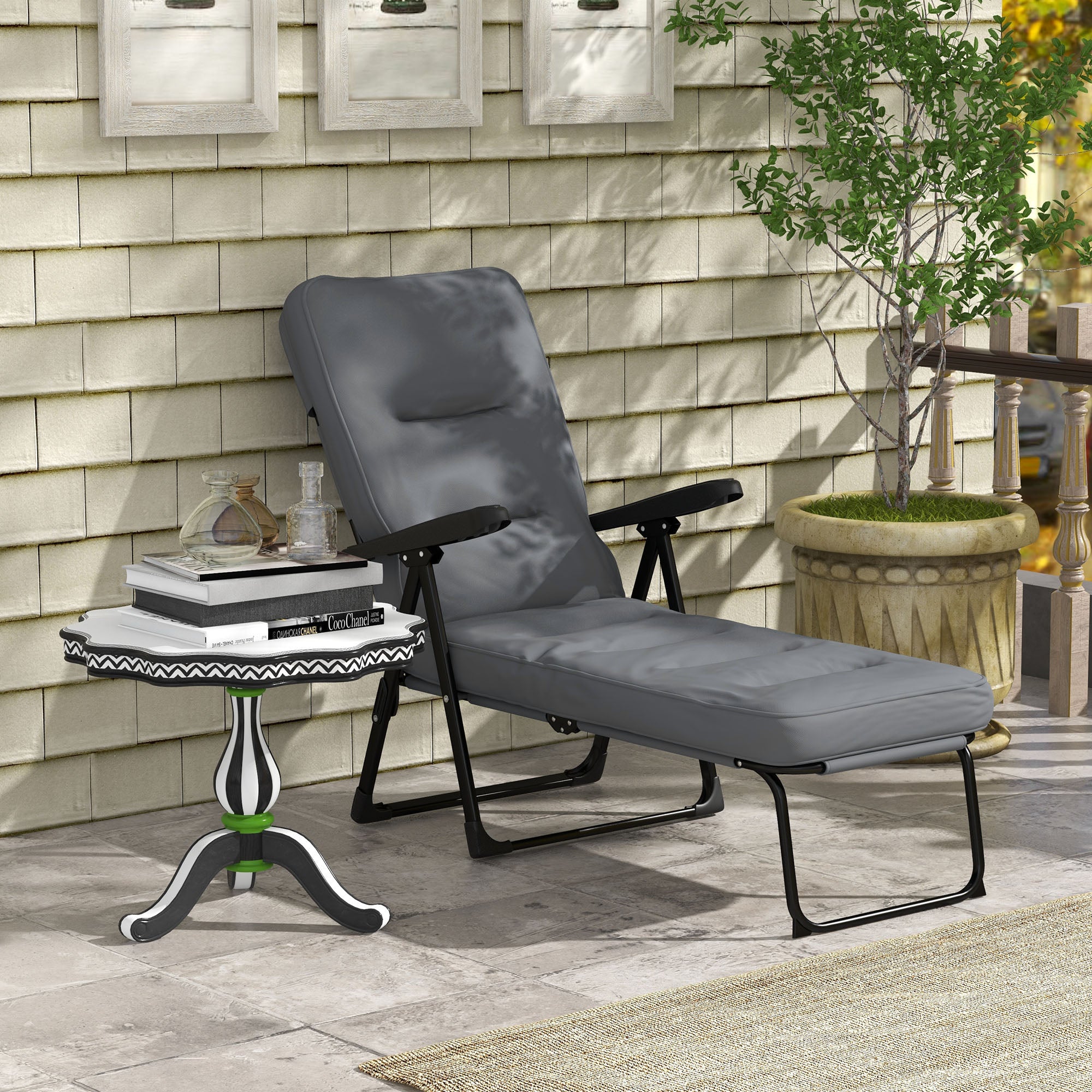 Outdoor Lounge Chair with Padded Cushion, Folding Reclining Patio Garden Chair with Recline Back, Footrest, for Poolside, Patio, Light Grey
