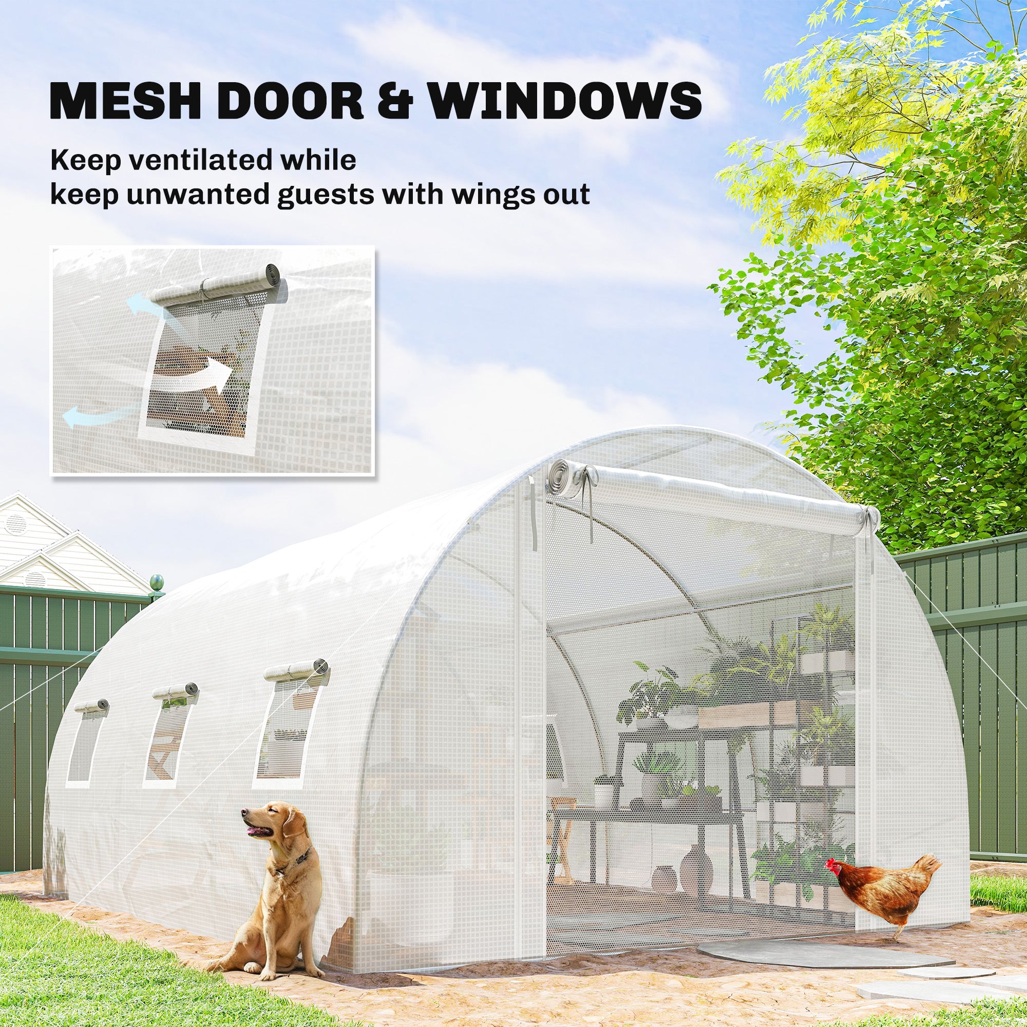 Walk-in Tunnel Greenhouse, Plant Hot House w/ Support Rods, Roll-up Mesh Door, Mesh Windows, 13'x9.8'x6.6', White