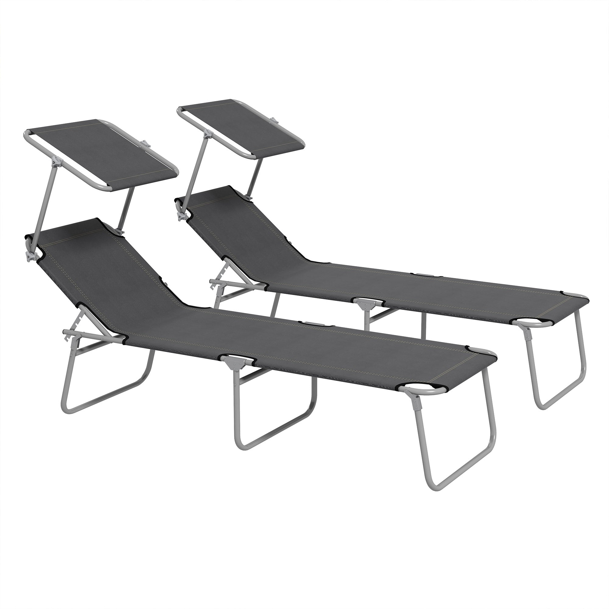 2Pcs Outdoor Lounge Chair, Adjustable Folding Chaise Lounge with Sun Shade for Beach, Camping, Hiking, Grey