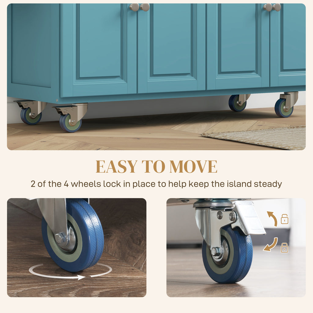 Kitchen Island with Storage, Rolling Kitchen Island with Drop Leaf, Rubber Wood Top and Adjustable Shelves, Light Blue