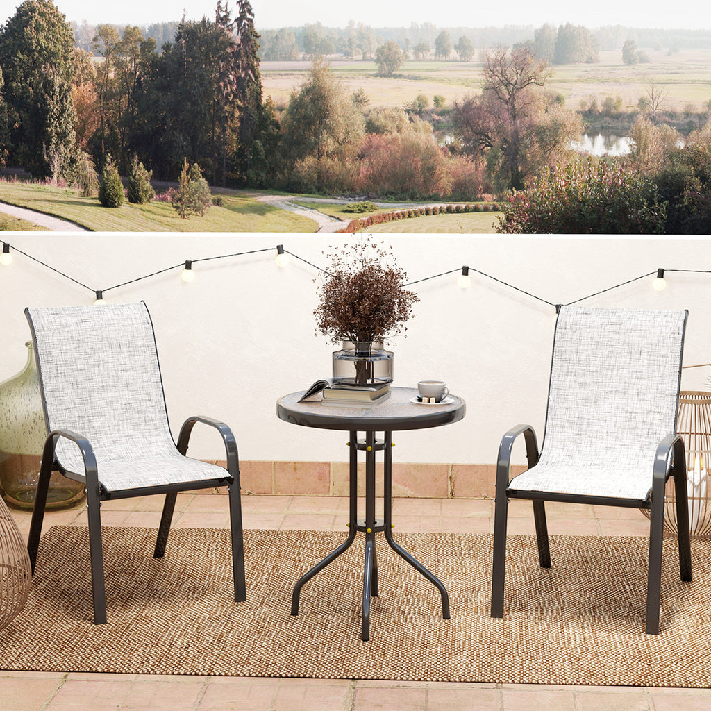 3 Pieces Bistro Set, Small Patio Furniture Set with Stackable Mesh Chairs, Glass Table for Garden, Balcony, Grey