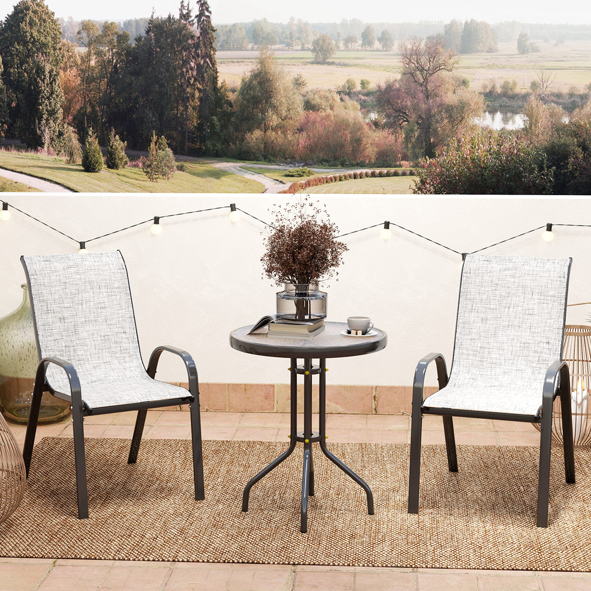 3 Pieces Bistro Set, Small Patio Furniture Set with Stackable Mesh Chairs, Glass Table for Garden, Balcony, Grey