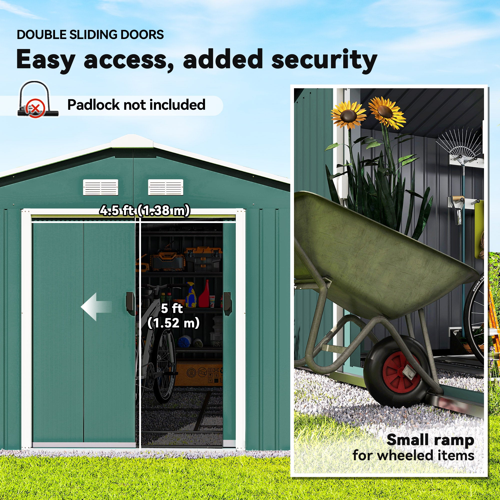 11' x 13' Practical Backyard Garden Storage Tool Shed with Double Sliding Door Garden Tool Shed with 4 Ventilation Slots, Green
