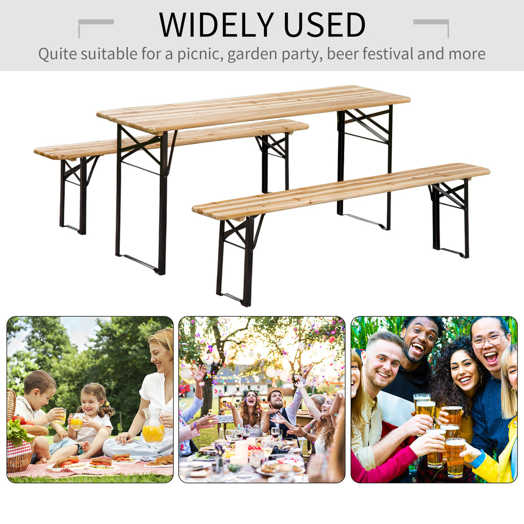 3 Pieces Folding Picnic Table Set, Portable Folding Picnic Table and Benches with Steel Frame for Garden, Park, Natural Wood