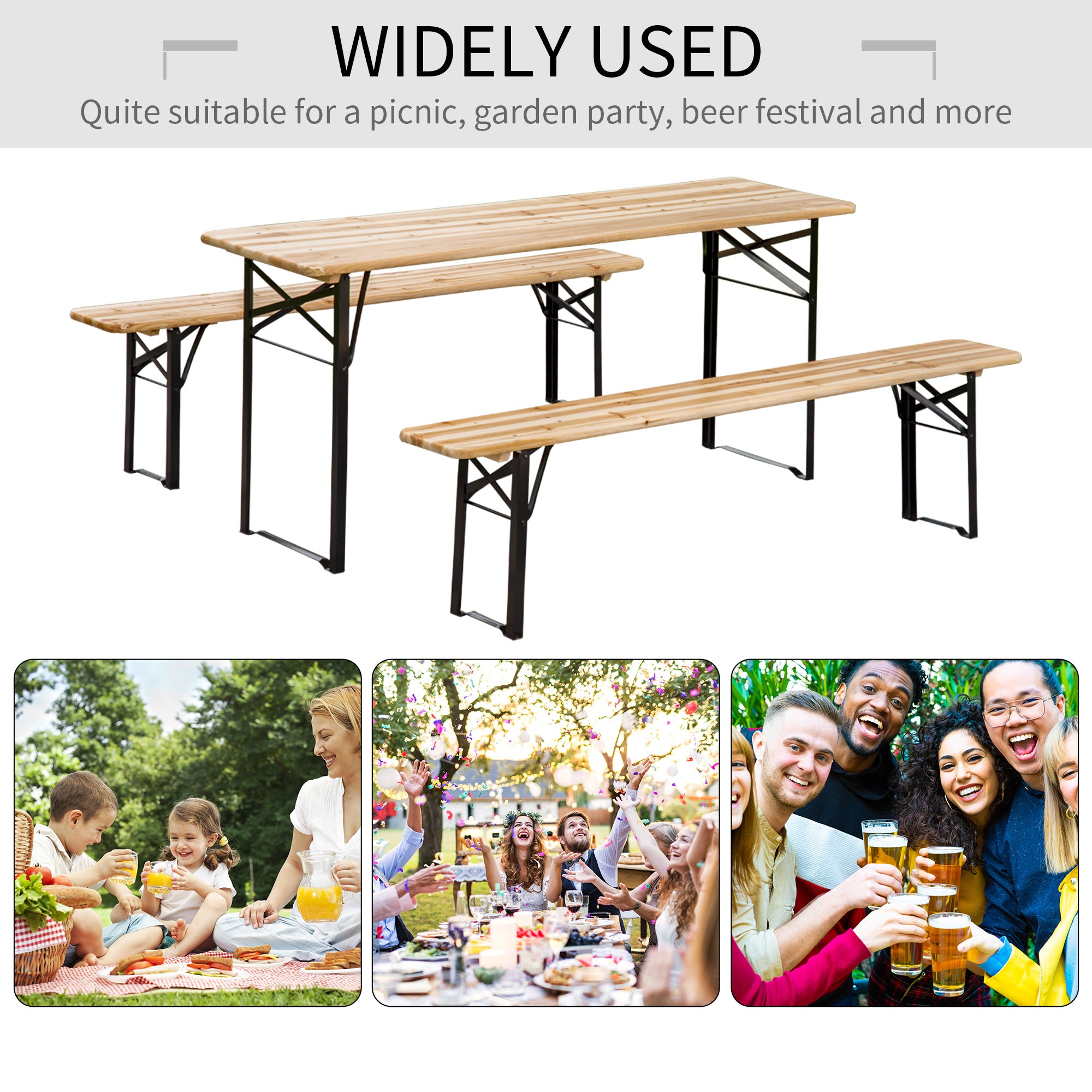 3 Pieces Folding Picnic Table Set, Portable Folding Picnic Table and Benches with Steel Frame for Garden, Park, Natural Wood