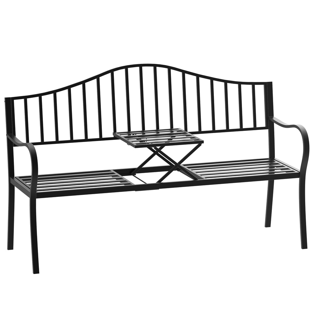 Outdoor Bench with Retractable Middle Table, Metal Frame Patio Loveseat with Slatted Seat and Backrest, Curved Armrests, Black