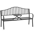 Outdoor Bench with Retractable Middle Table, Metal Frame Patio Loveseat with Slatted Seat and Backrest, Curved Armrests, Black