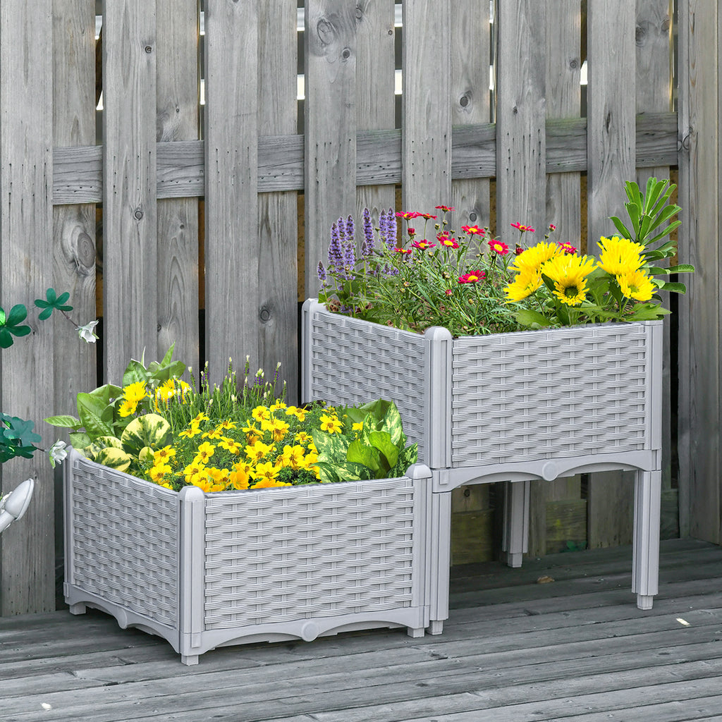 2 Piece Raised Garden Bed PP Raised Flower Bed Vegetable Herb Grow Box Stand Light Grey
