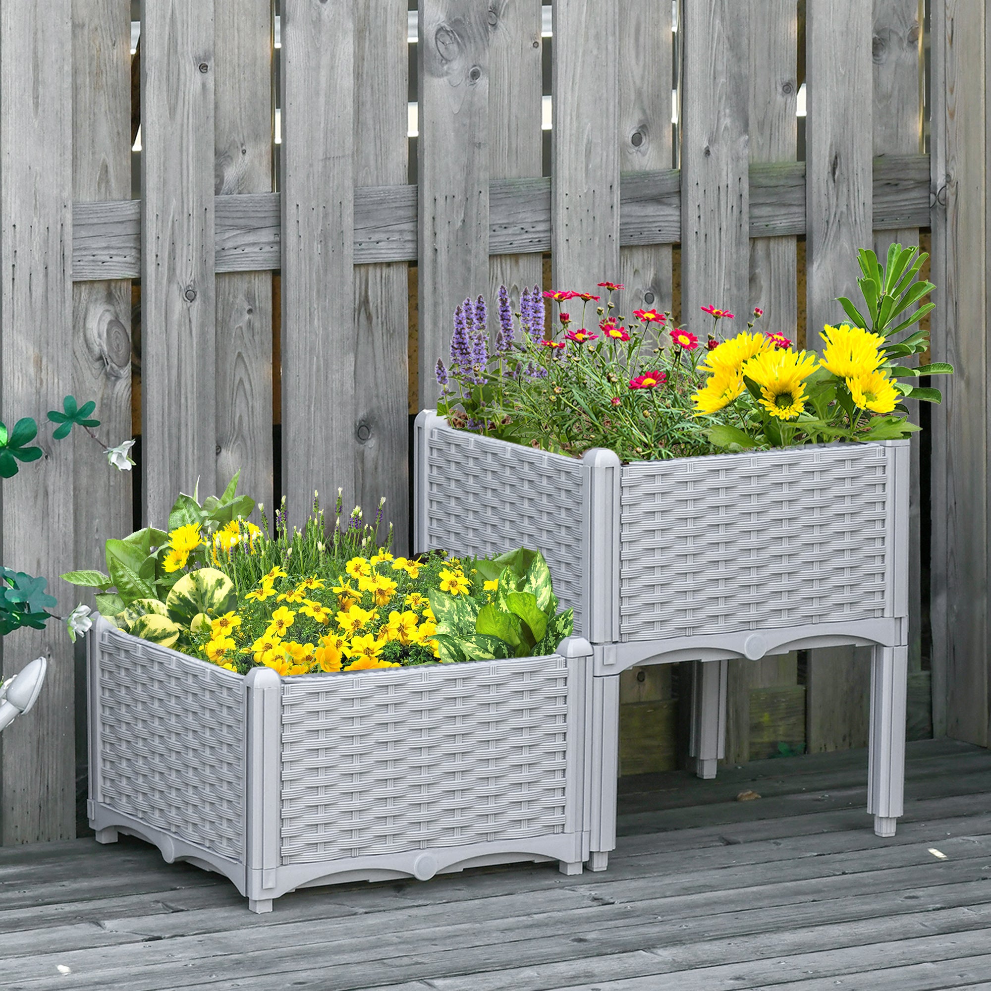 2 Piece Raised Garden Bed PP Raised Flower Bed Vegetable Herb Grow Box Stand Light Grey
