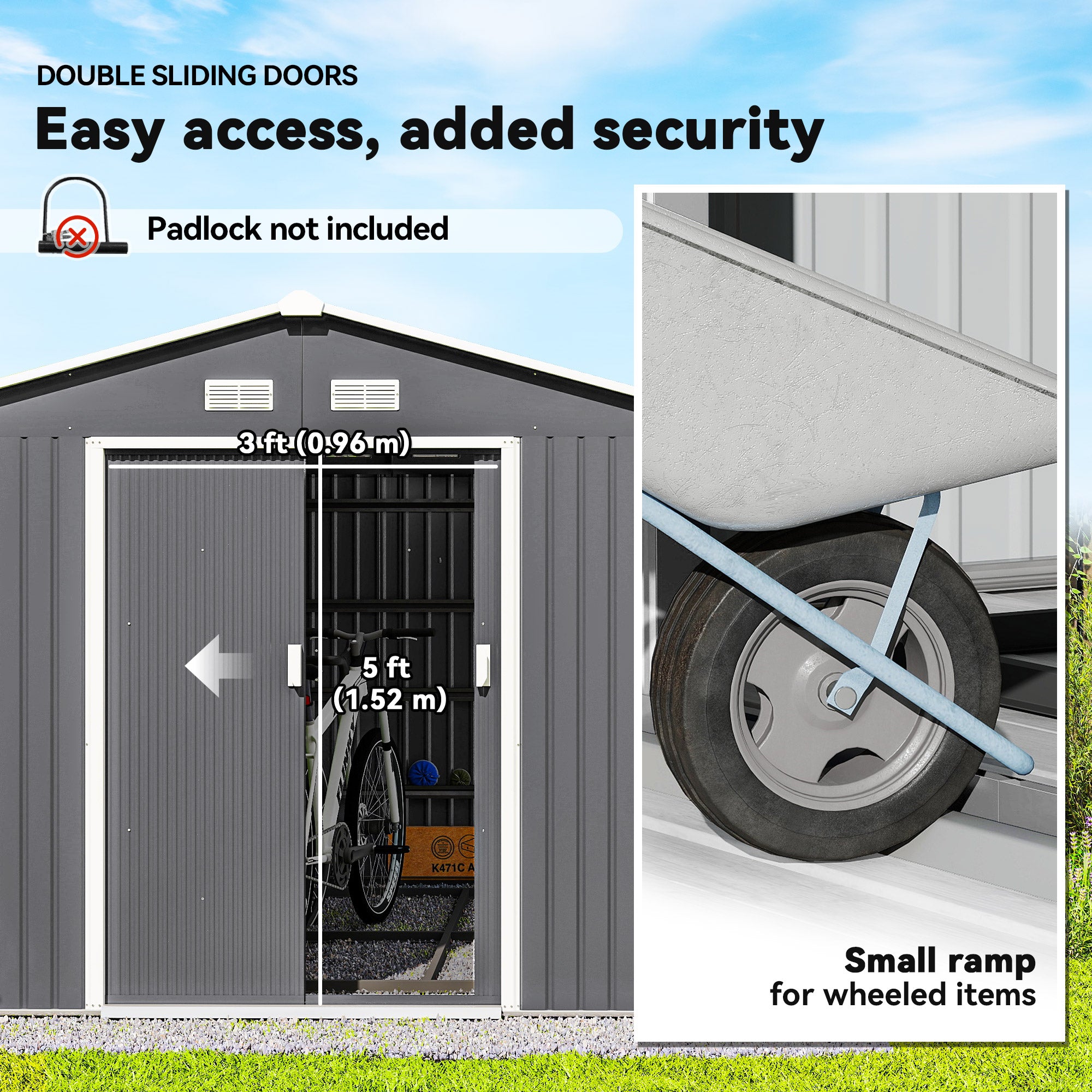9' x 10.6' Garden Storage Shed w/ Foundation Kit Metal Tool Storage House w/ Double Doors Light Grey