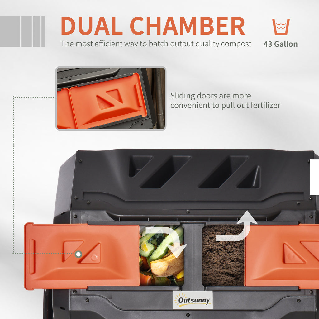 Tumbling Compost Bin Outdoor Dual Chamber 360Â° Rotating Composter 43 Gallon with Sliding Doors, Orange