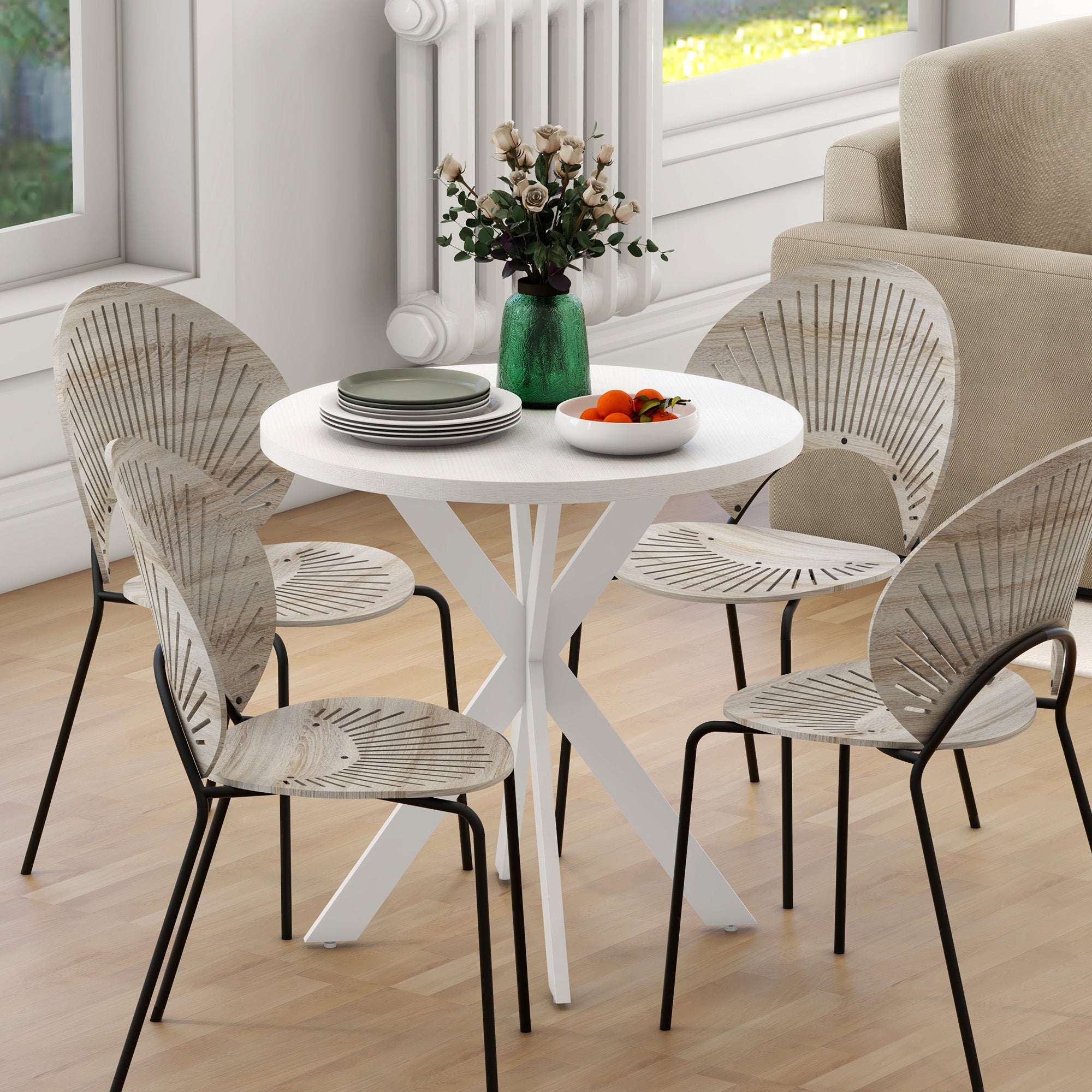 29" Dining Table, Contemporary Round Kitchen Table with Steel Legs, White