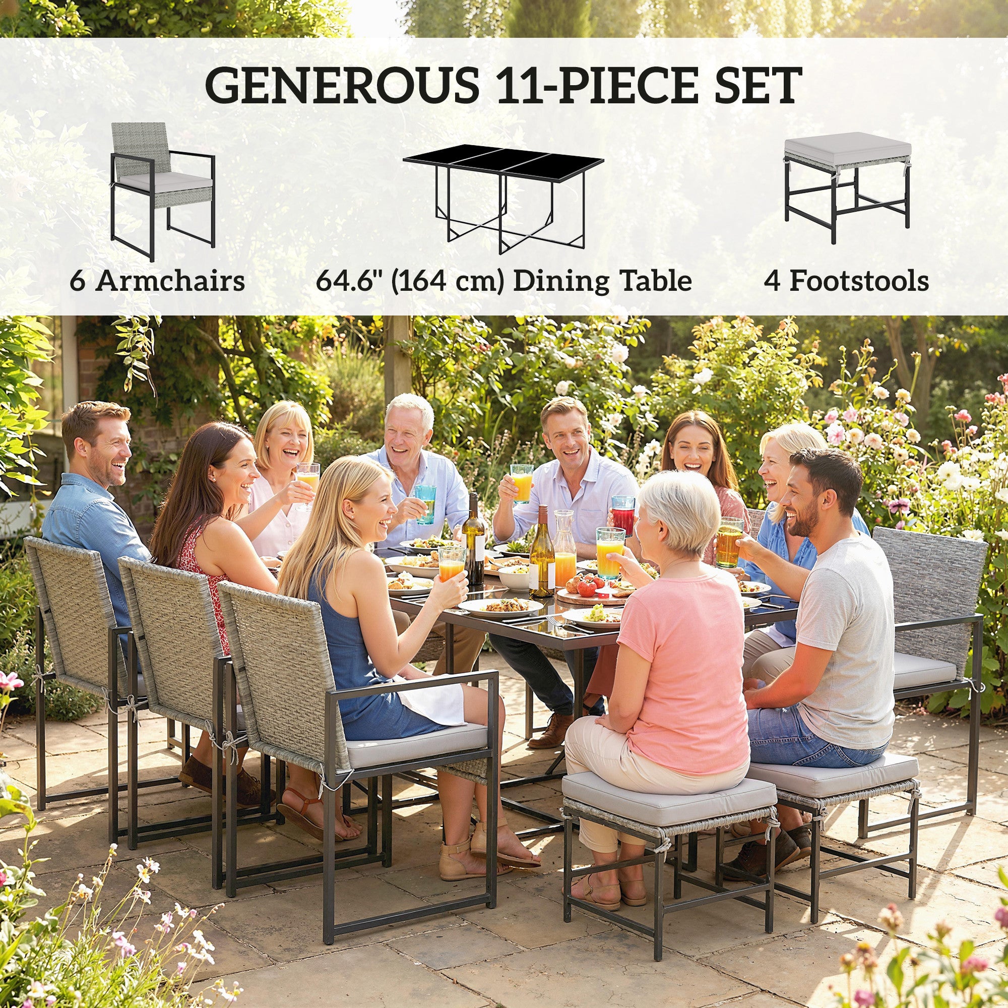11 Pieces Wicker Patio Dining Set, Rattan Outdoor Furniture Set with 6 Armchairs, 4 Stools, Light Grey