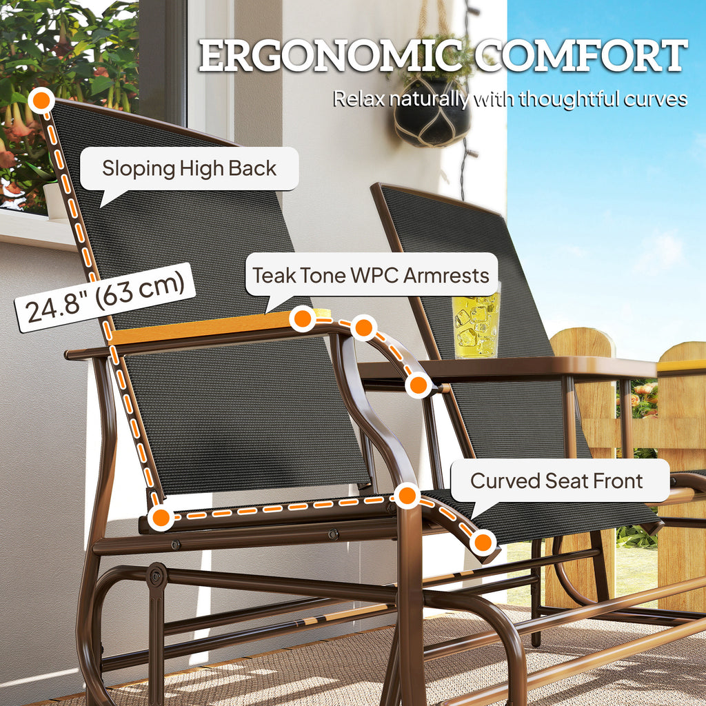 Outdoor 2-Person Glider Bench, Outside Swing Glider Chair Loveseat with Breathable Mesh, Table, Steel Frame