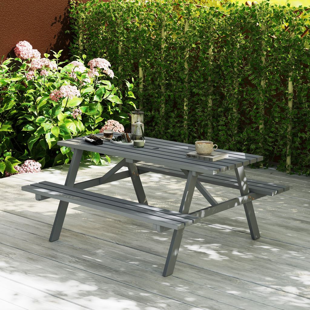Wood Picnic Table, Camping Table and Bench Set with Umbrella Hole for Outdoor, Garden, Patio, Backyard, Grey
