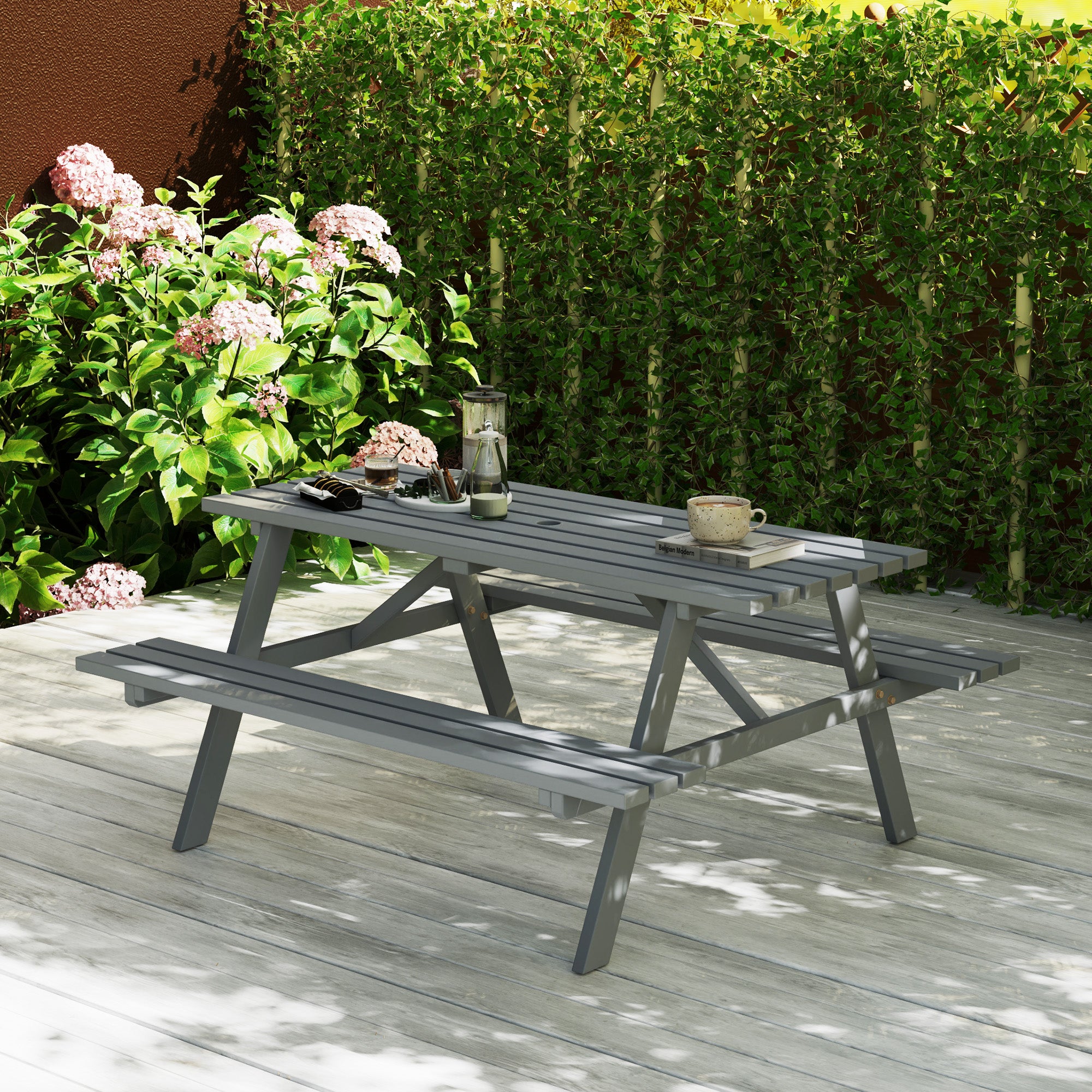 Wood Picnic Table, Camping Table and Bench Set with Umbrella Hole for Outdoor, Garden, Patio, Backyard, Grey