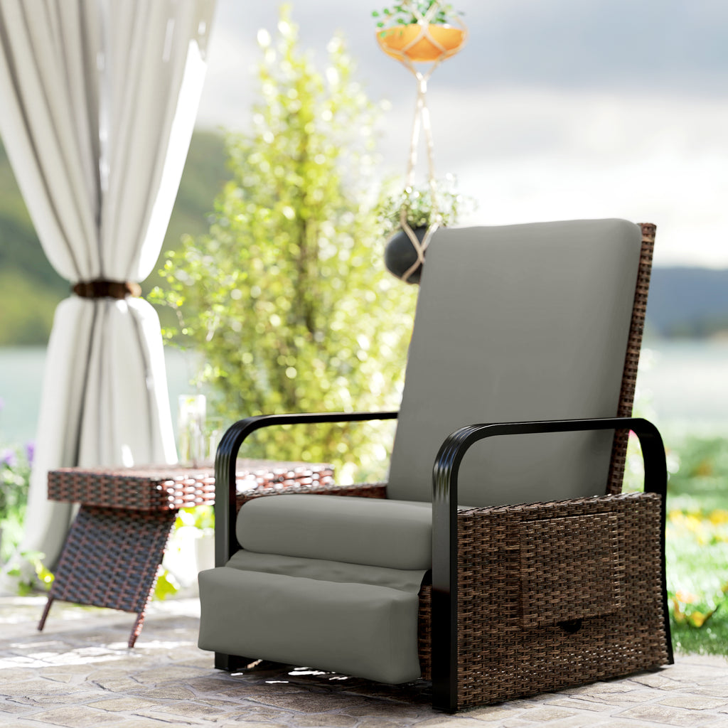 Wicker Outdoor Recliner Chair, Reclining Lounge Chair with Adjustable Backrest, Footrest and Side Tray, Light Grey