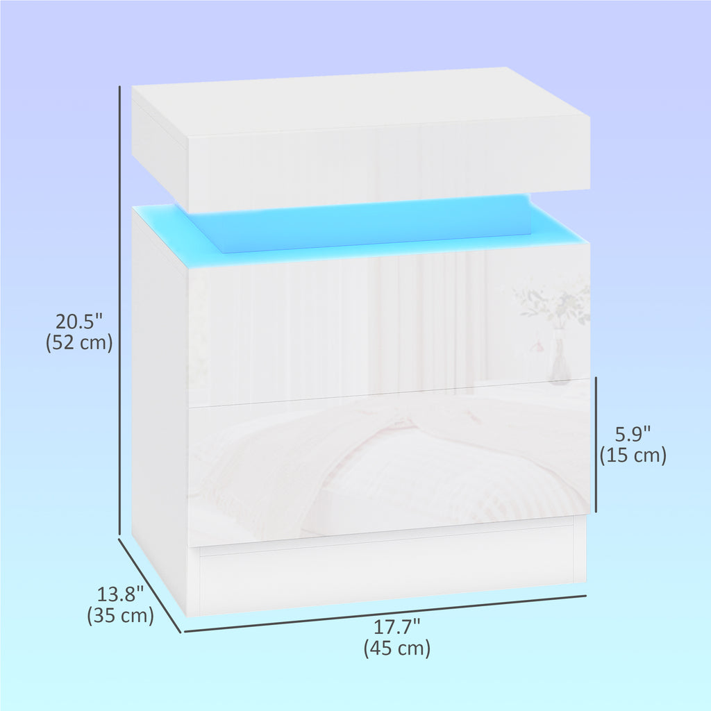 Nightstand Set of 2, End Side Tables with LED Lights, Bedside Tables with 2 Drawers, for Bedroom, White