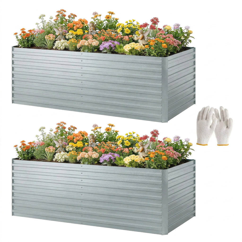 6' x 3' x 2' Raised Garden Bed, Set of 2 Galvanized Planter Box for Vegetables, Flowers, Herbs, Silver