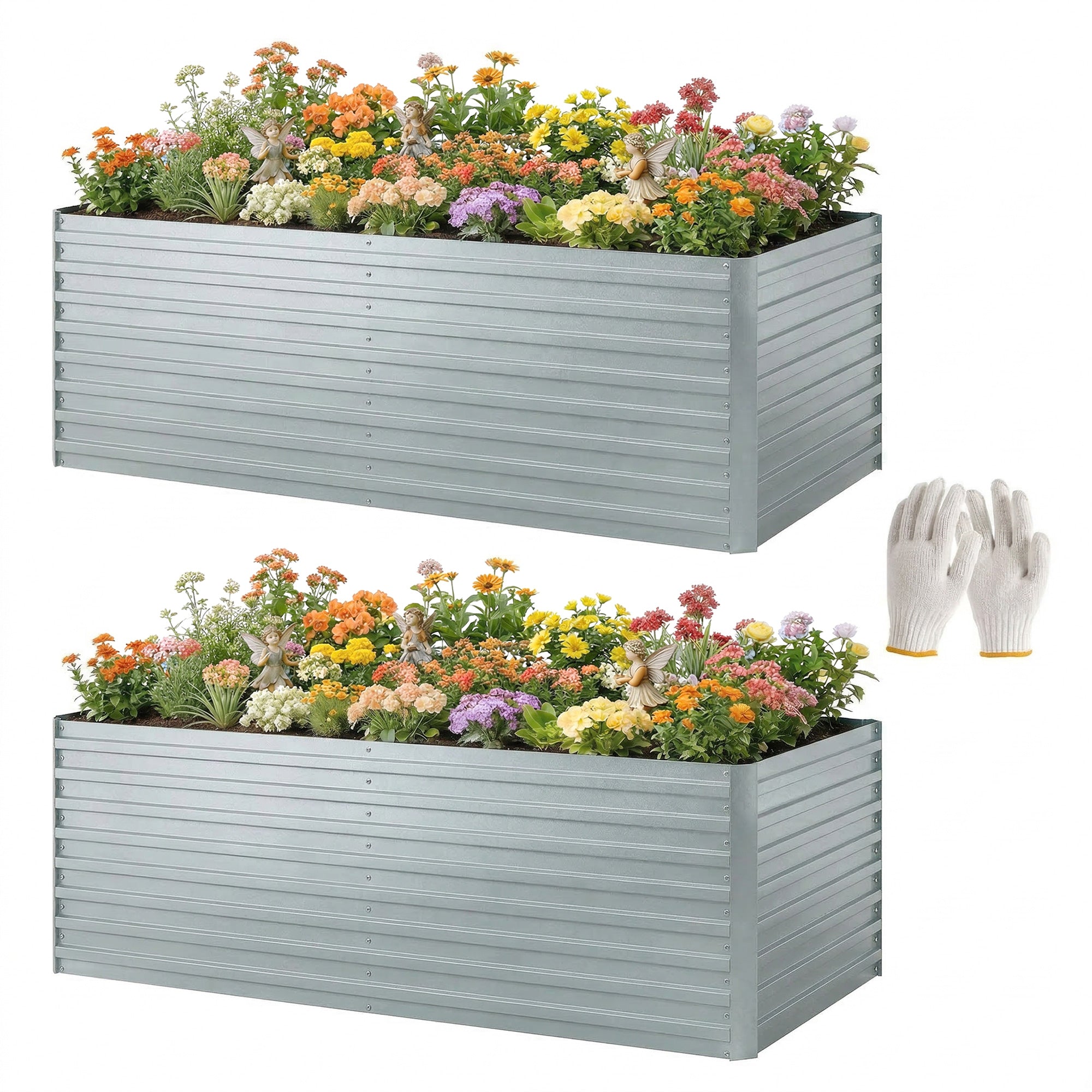 6' x 3' x 2' Raised Garden Bed, Set of 2 Galvanized Planter Box for Vegetables, Flowers, Herbs, Silver