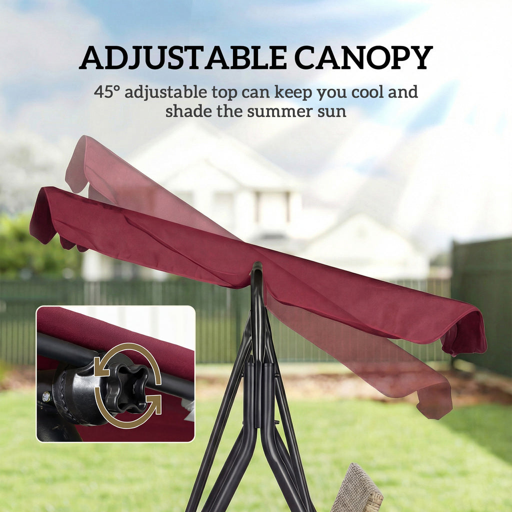 Outdoor 3-Seat Porch Swing with Canopy, Rattan Seat, Removable Cushion, Pillows and Steel Frame
