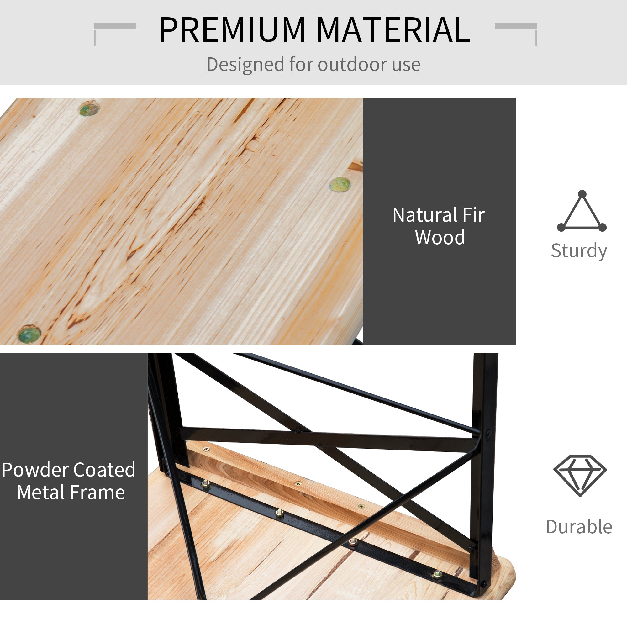 3 Pieces Folding Picnic Table Set, Portable Folding Picnic Table and Benches with Steel Frame for Garden, Park, Natural Wood