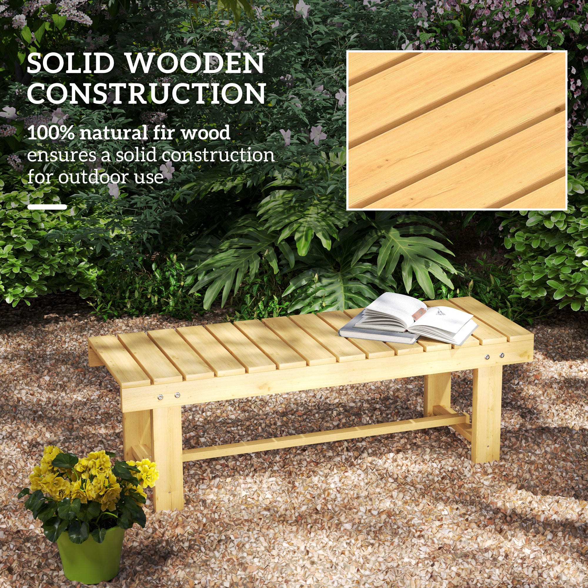 43" Wood Outdoor Bench, 2 Person Patio Bench, Backless Outdoor Patio Loveseat with Slatted Seat for Park, Backyard, Lawn, Natural Wood