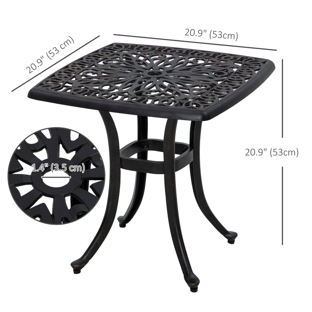 21" Square Outdoor End Table, Cast Aluminum Patio Side Table with Umbrella Hole for Garden, Balcony, Poolside, Bronze