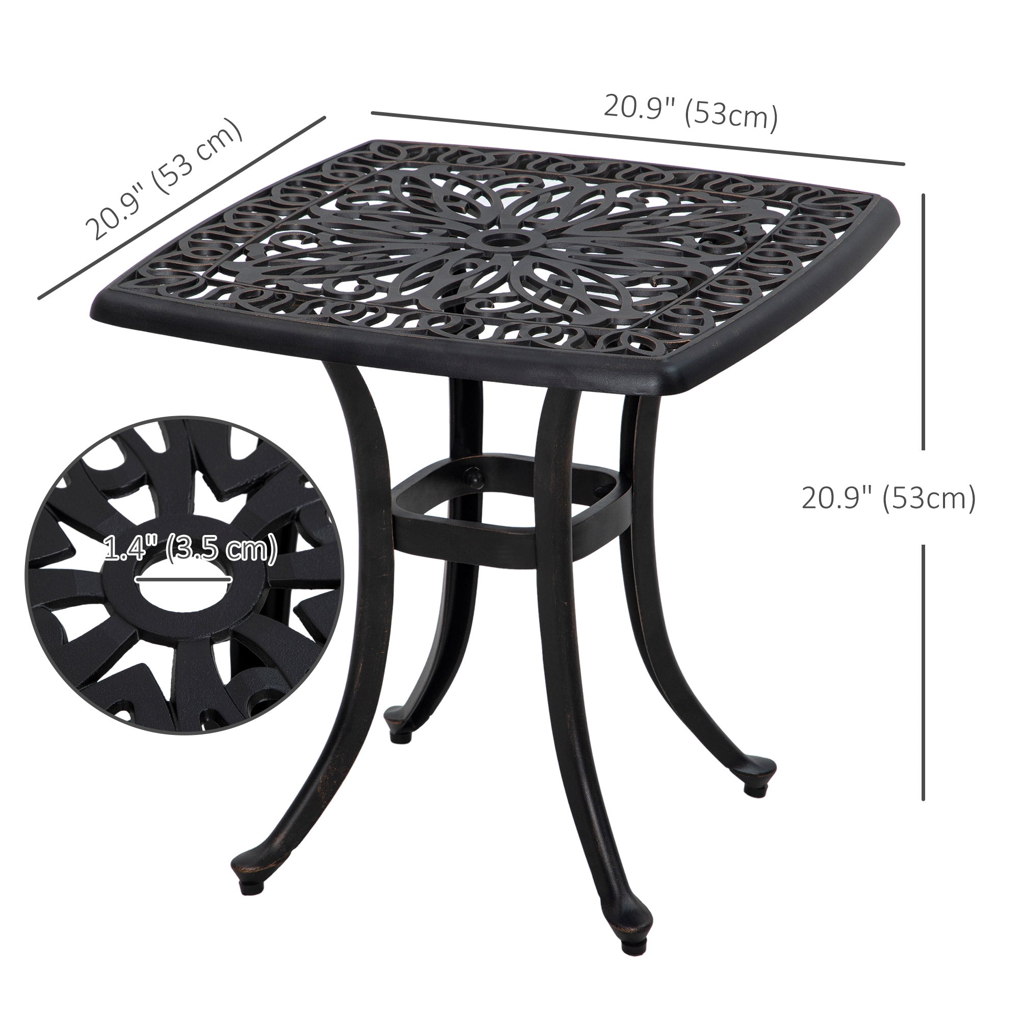 21" Square Outdoor End Table, Cast Aluminum Patio Side Table with Umbrella Hole for Garden, Balcony, Poolside, Bronze