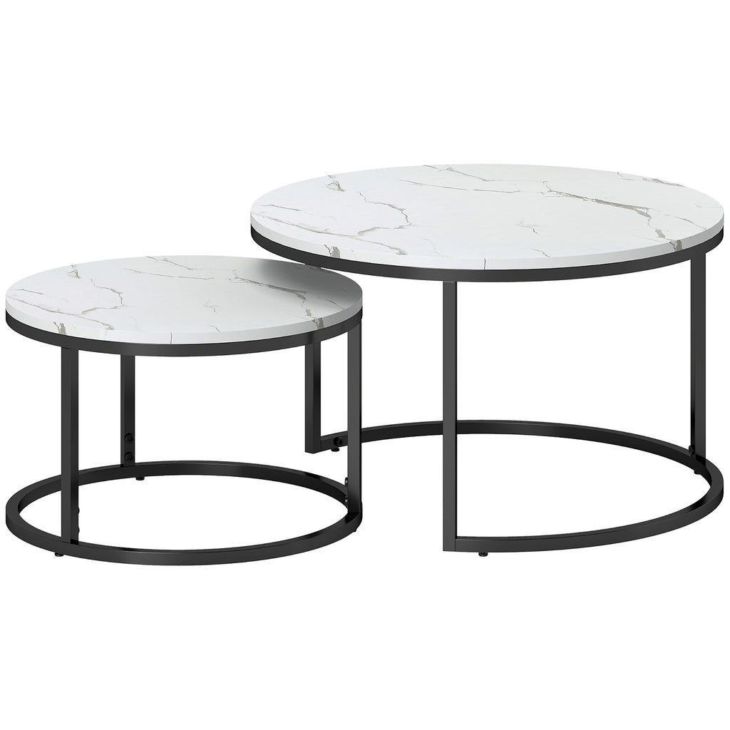 Modern Coffee Table Set of 2, Nesting Side Tables w/ Metal Base for Living Room Bedroom Office Faux Marbled White