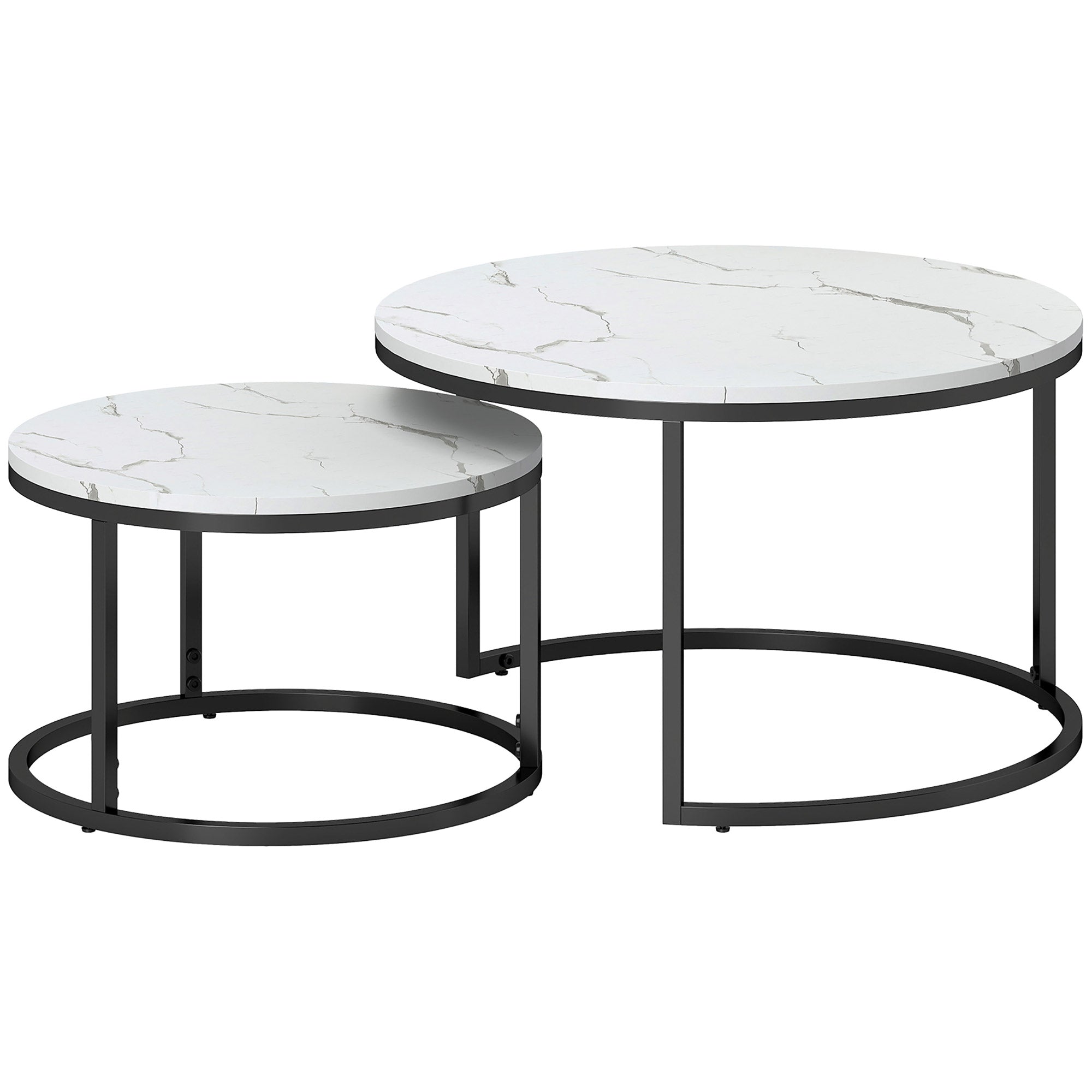 Modern Coffee Table Set of 2, Nesting Side Tables w/ Metal Base for Living Room Bedroom Office Faux Marbled White